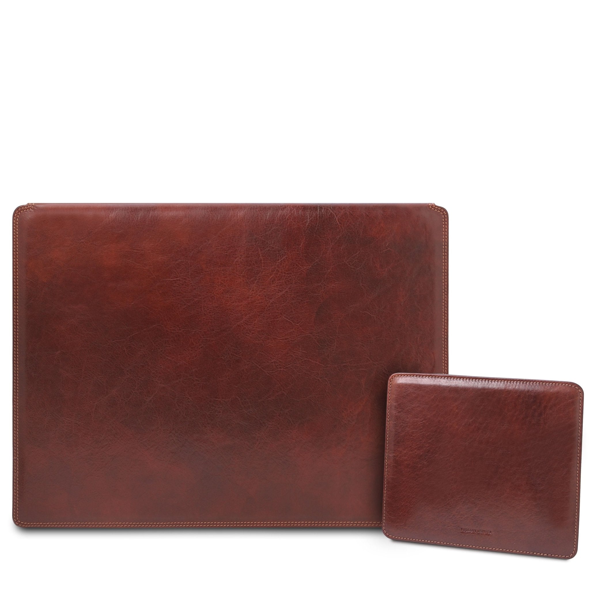 Leather Desk Pad with Inner Compartment and Mouse Pad in Brown on white background