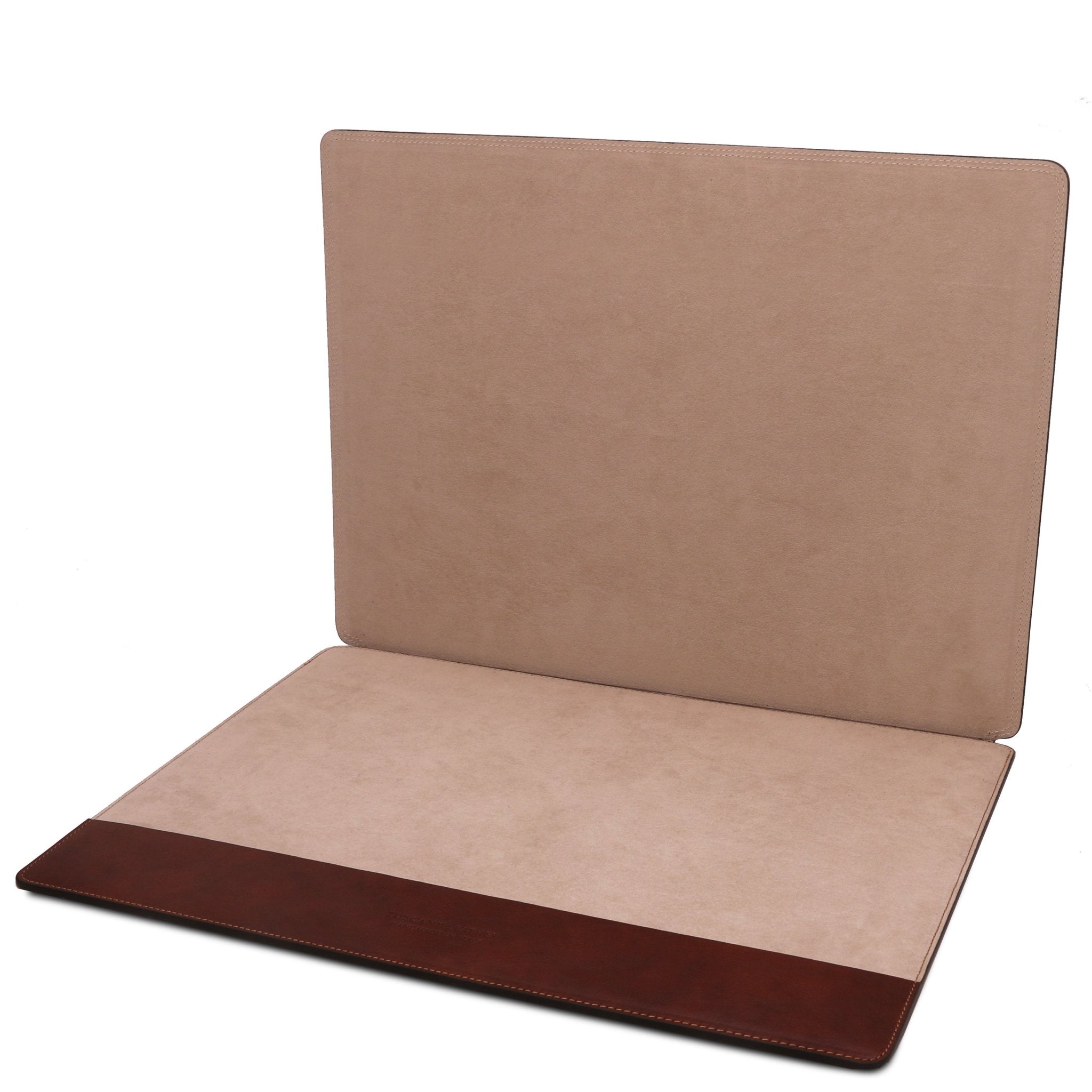 Office Set Leather Desk Pad with Inner Compartment in brown showing suede inner compartment opened on white background
