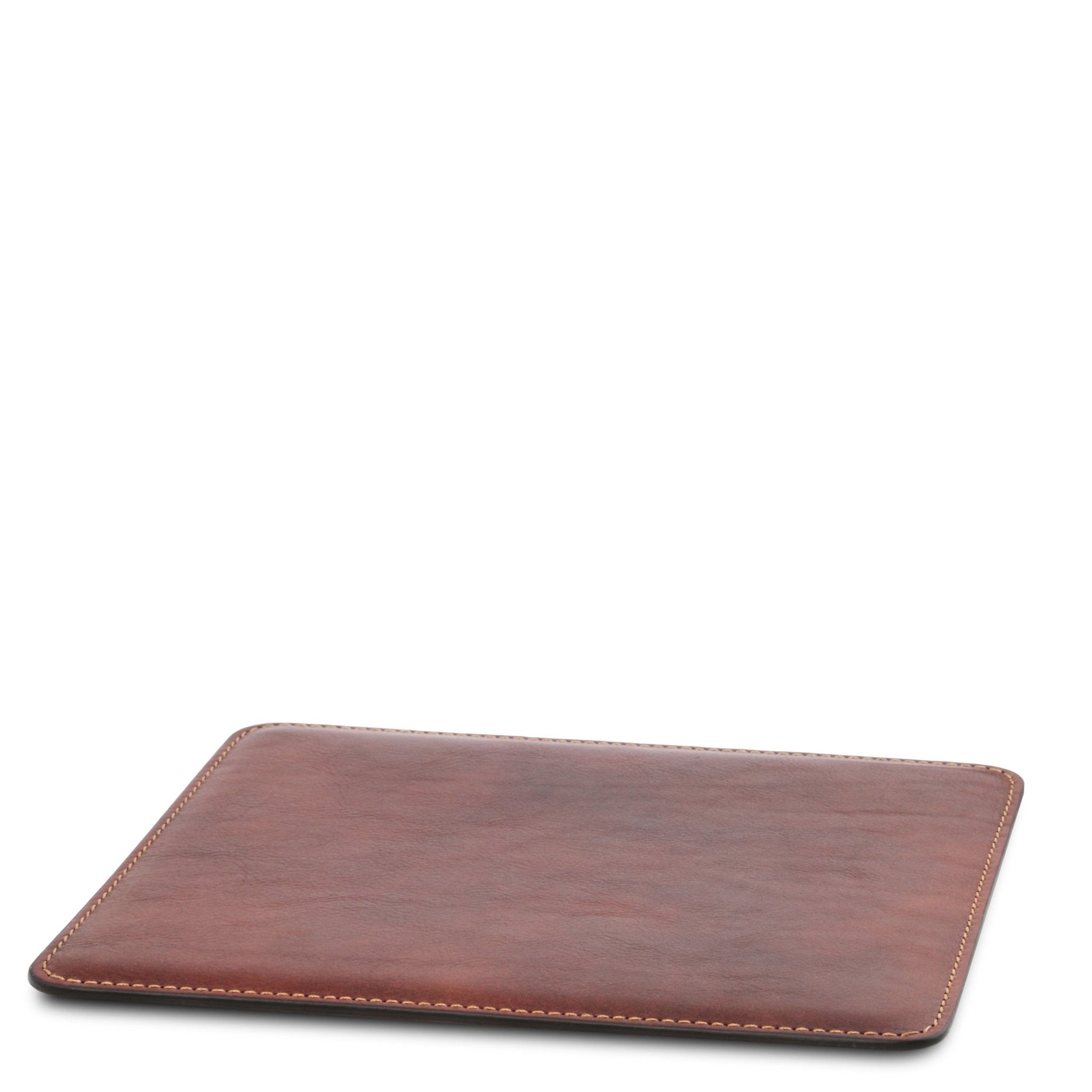 Office Set Leather Mouse Pad in brown laying on a white surface and background