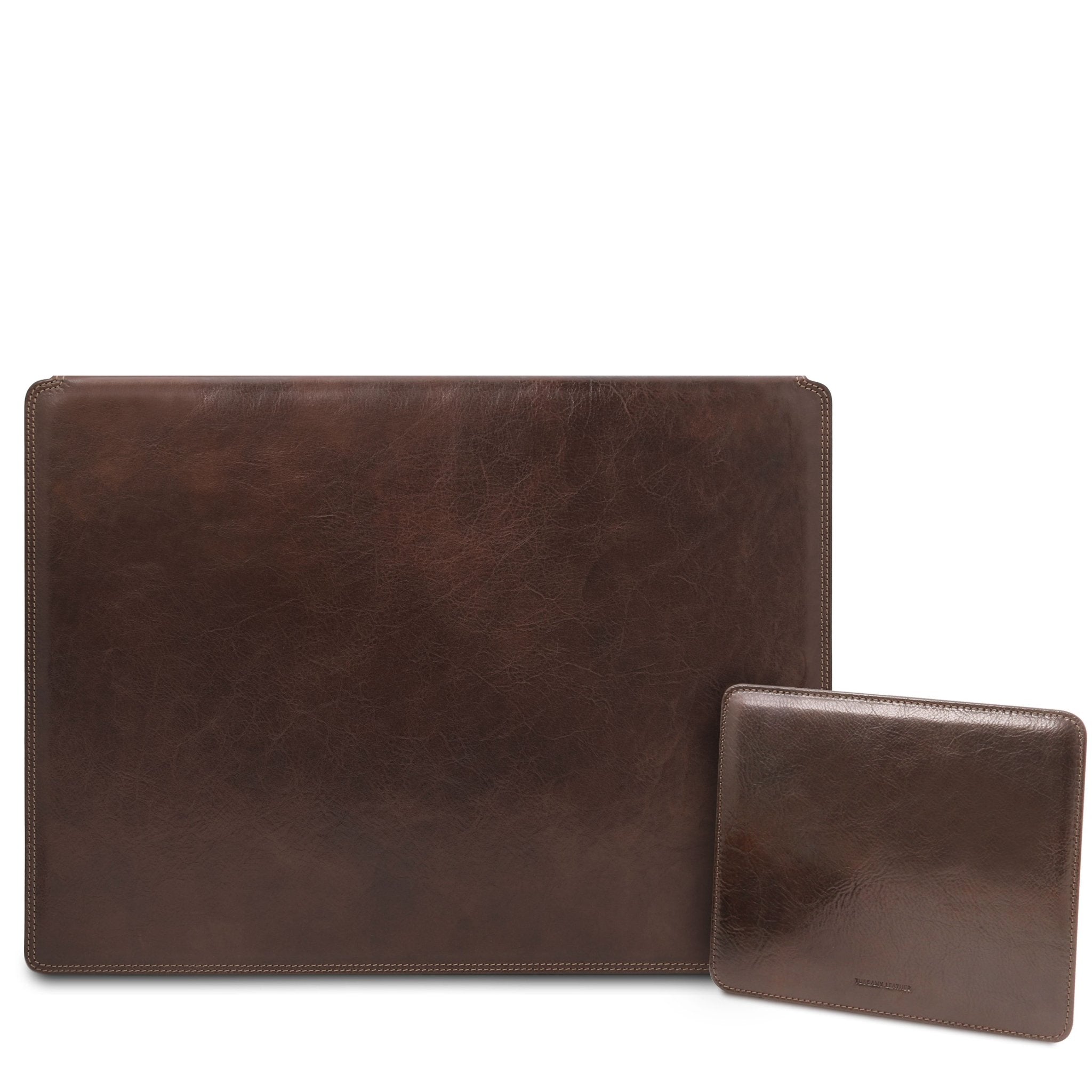 Office Set Leather Desk Pad with Inner Compartment and Mouse Pad in Dark Brown on white background