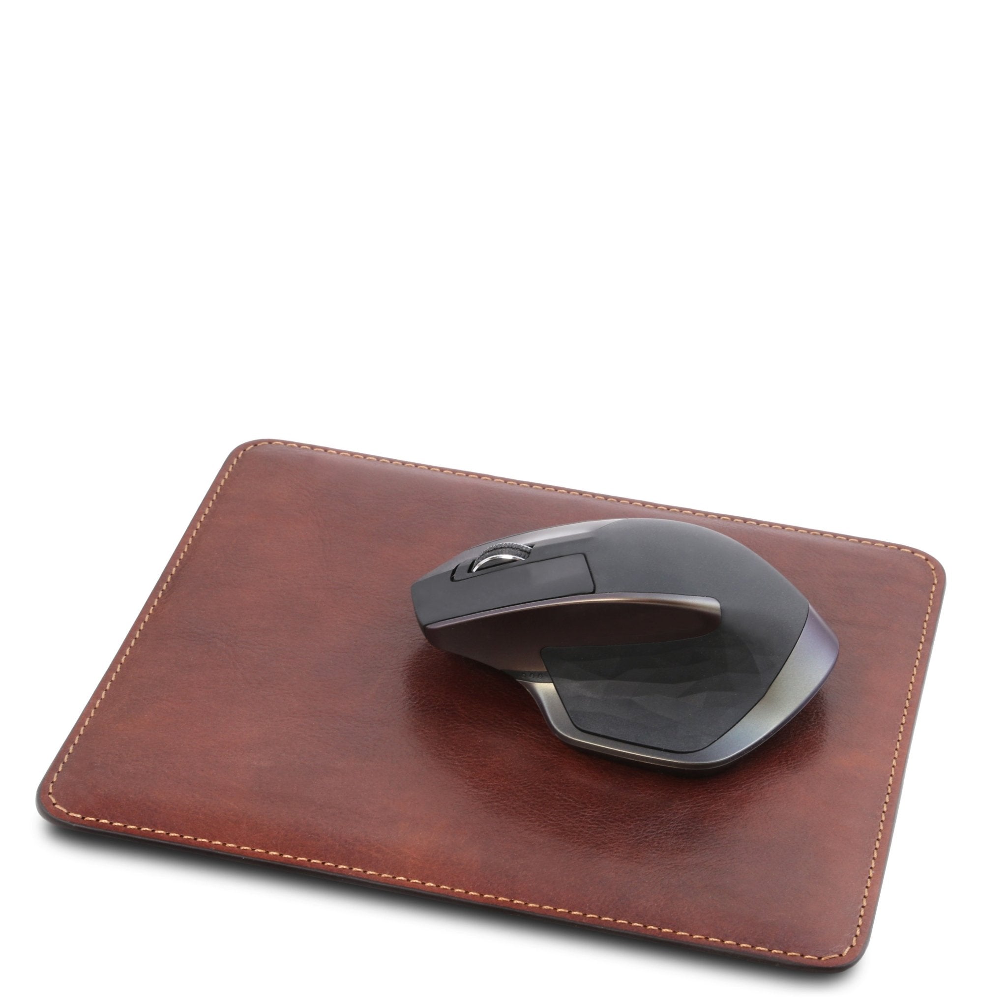 Office Set Leather Mouse Pad in brown with black and silver mouse set on top