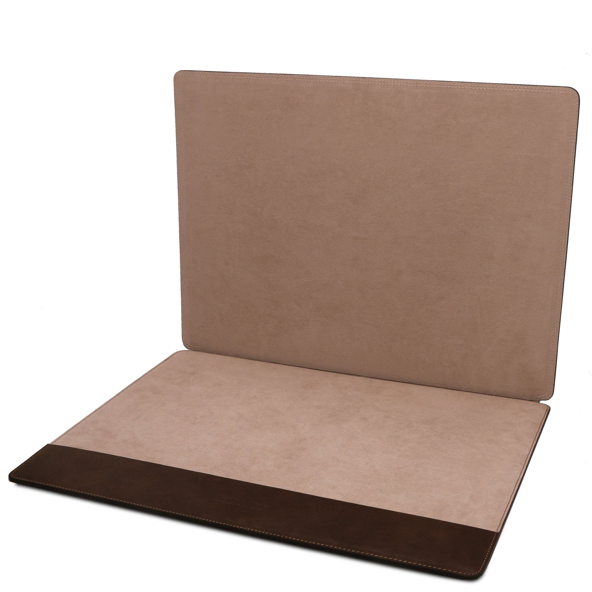 Office Set Leather Desk Pad with Inner Compartment in dark brown showing suede inner compartment opened on white background