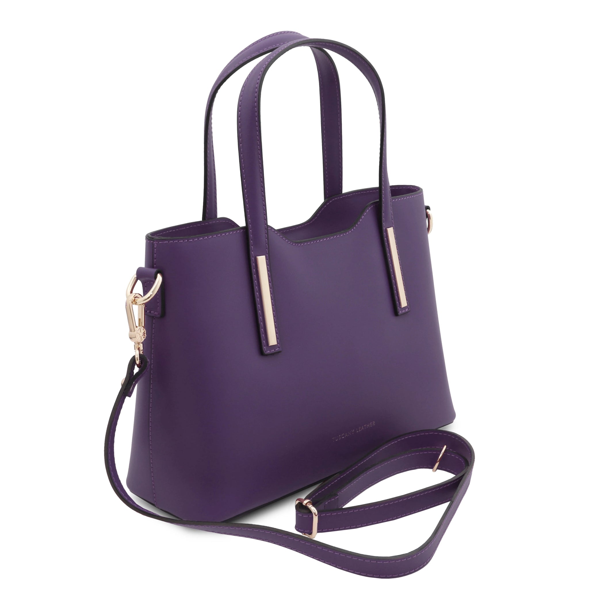Small Olimpia Leather Tote Bag in purple with shoulder strap