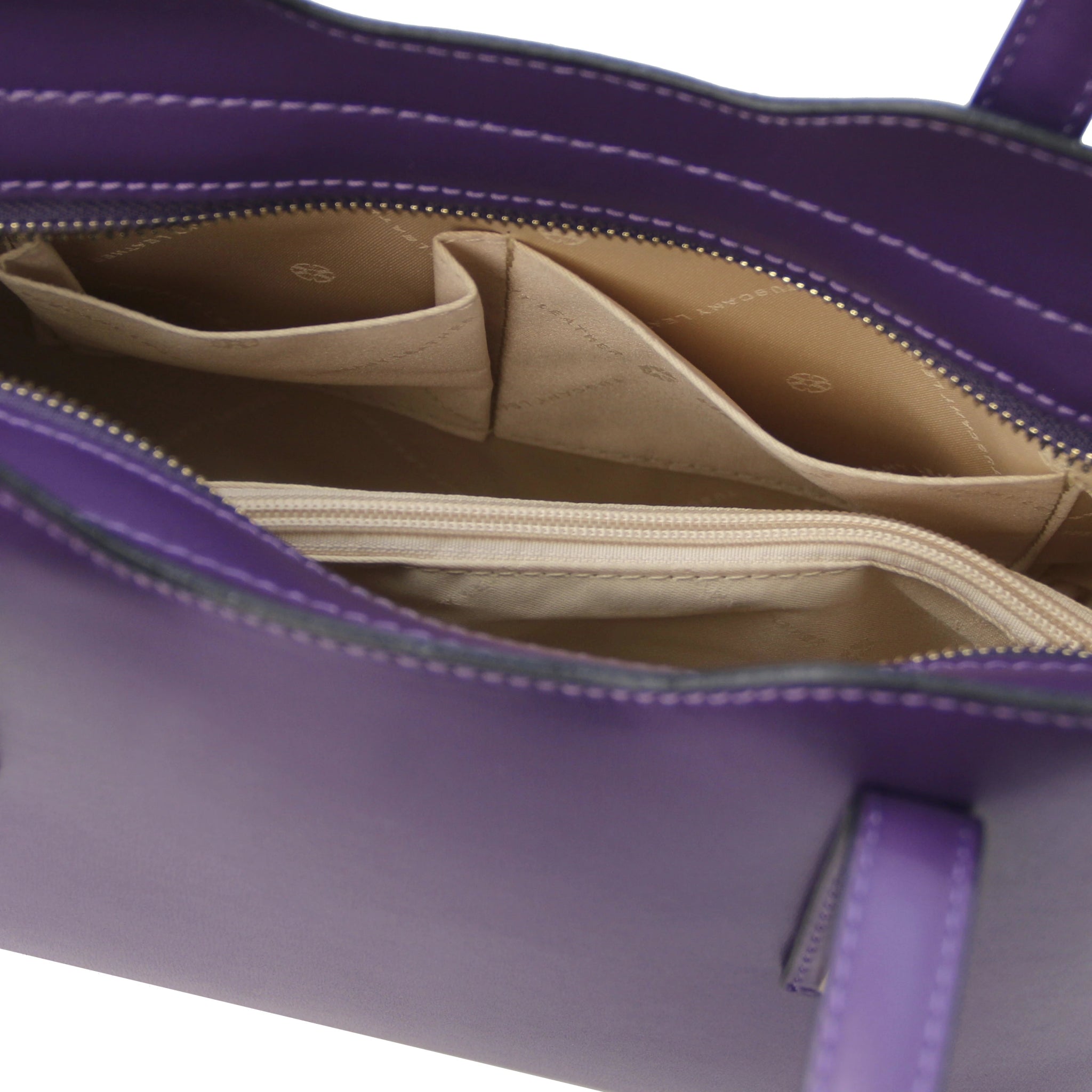 Interior open pocket view Small Olimpia Leather Tote Bag in purple beige lining