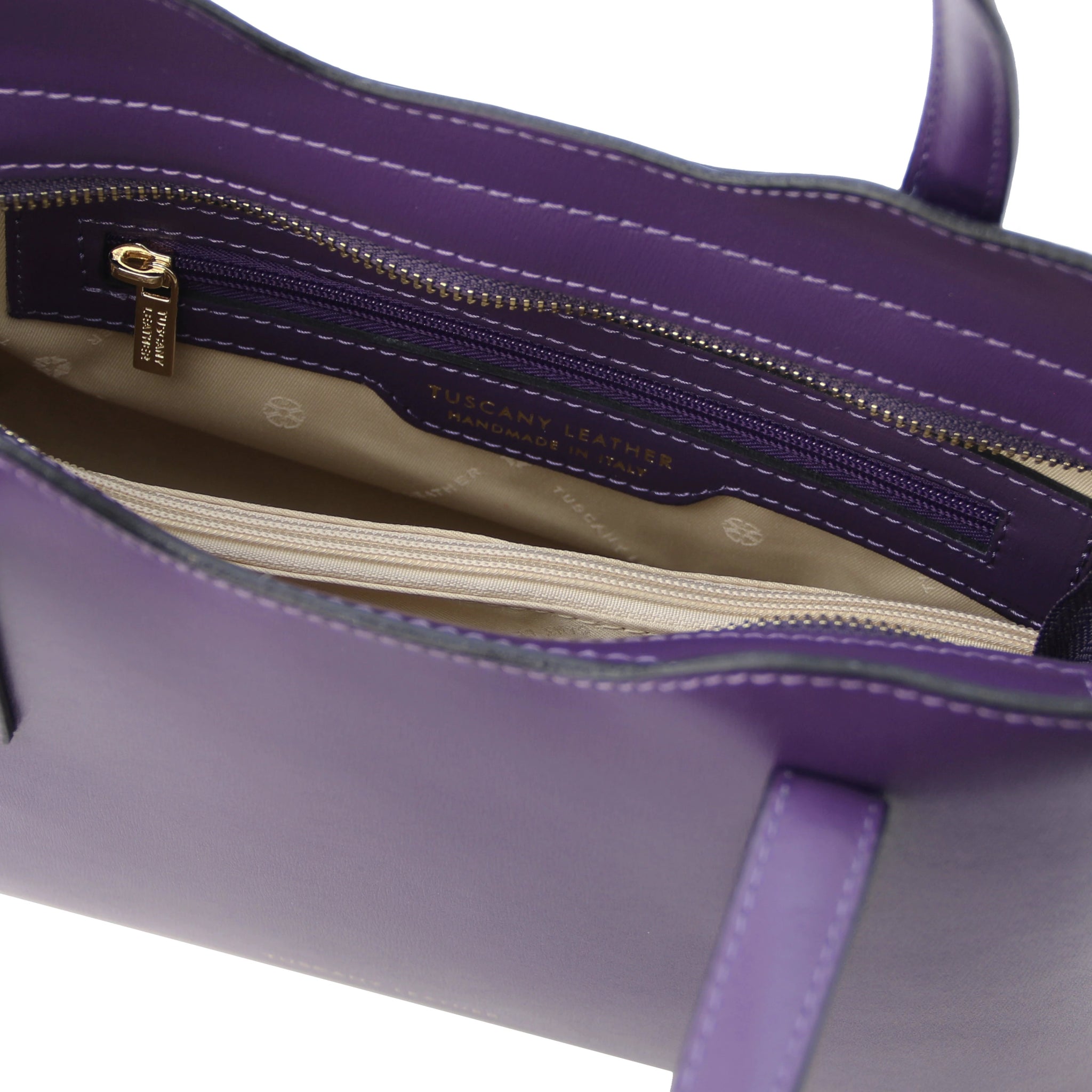 Interior zip pocket view Small Olimpia Leather Tote Bag in purple beige lining