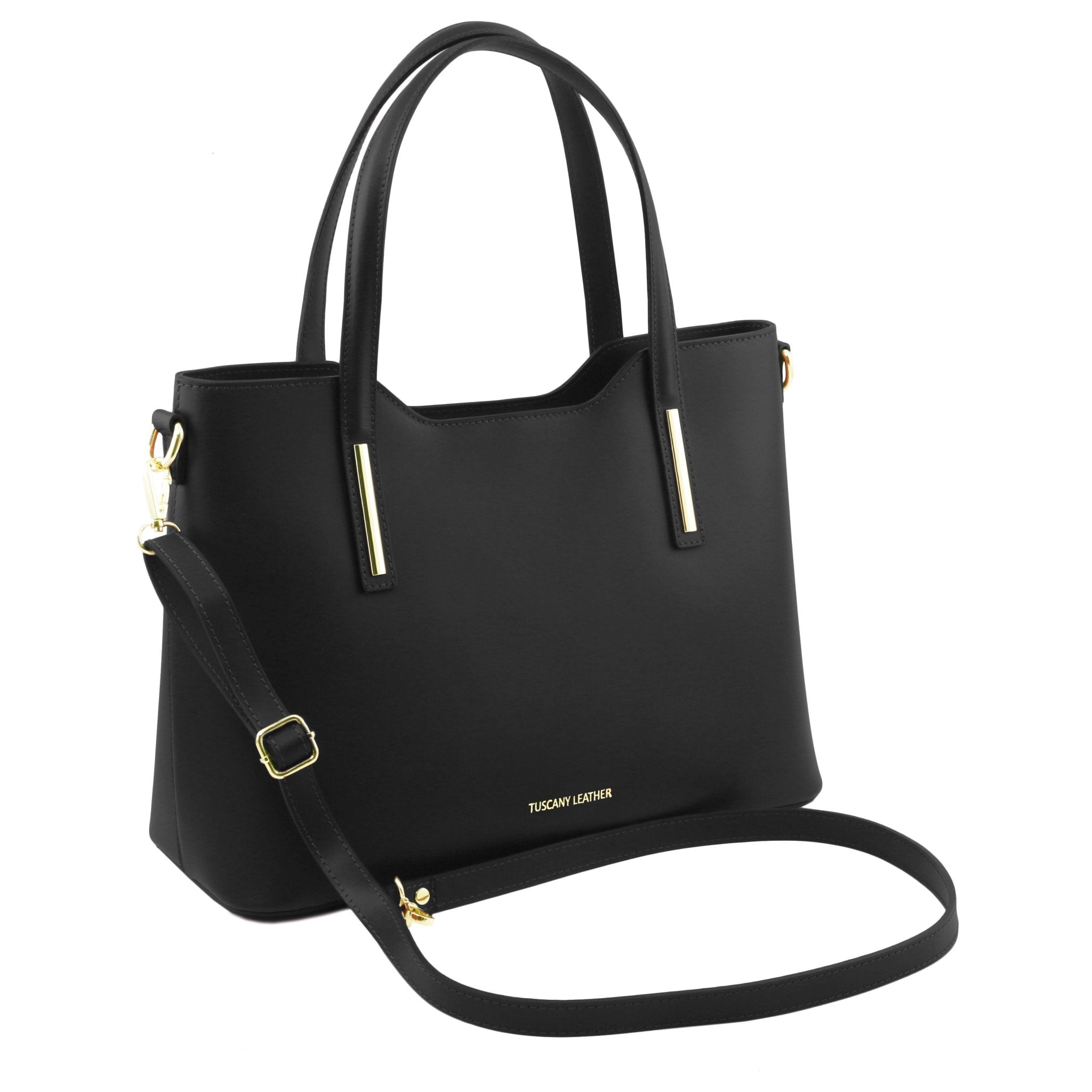 Olimpia Italian Leather Tote Bag in Black on white background, front side view showing shoulder strap - L'Atelier Global