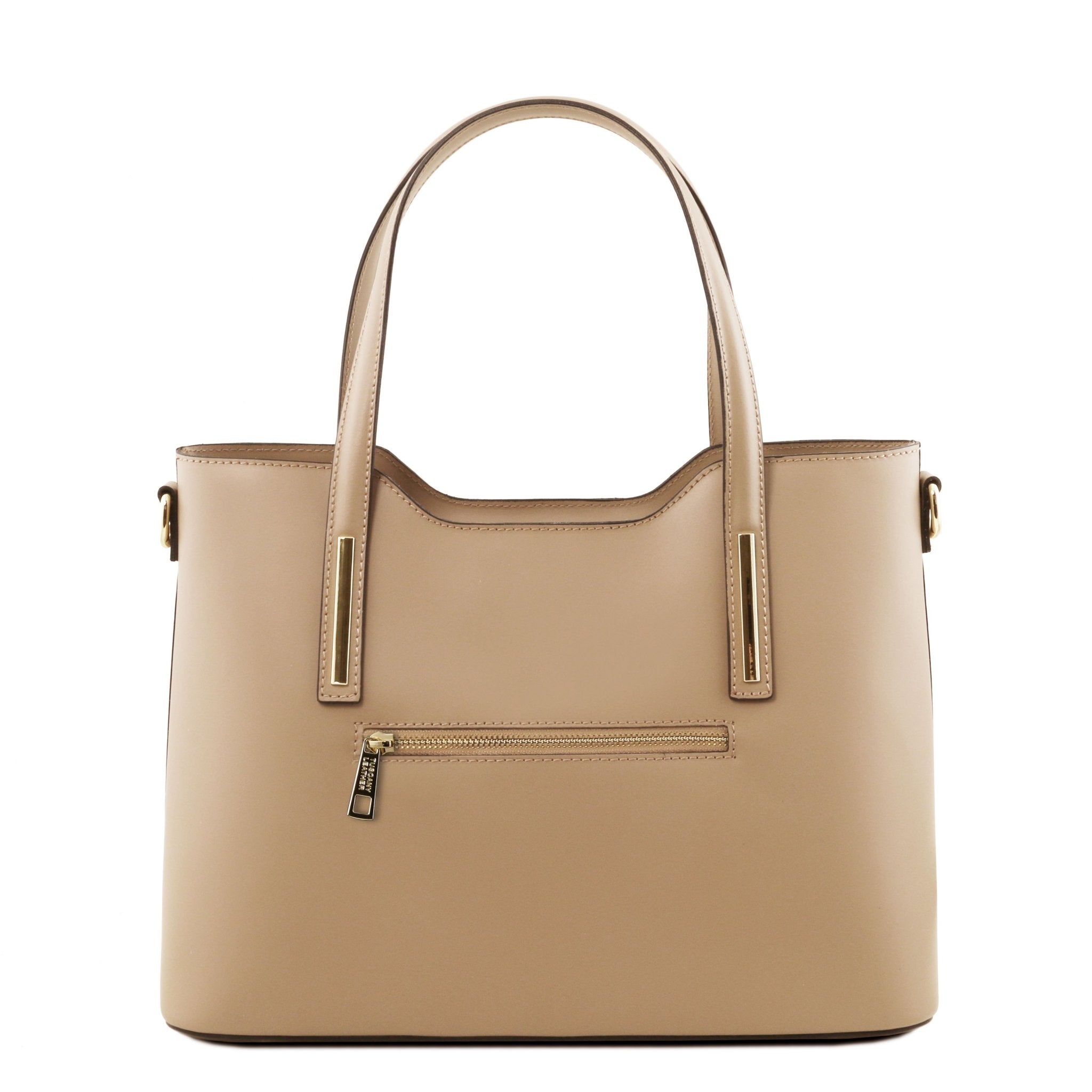 Olimpia Italian Leather Tote Bag in Champagne on a white background, back view with exterior zipper pocket - L'Atelier Global