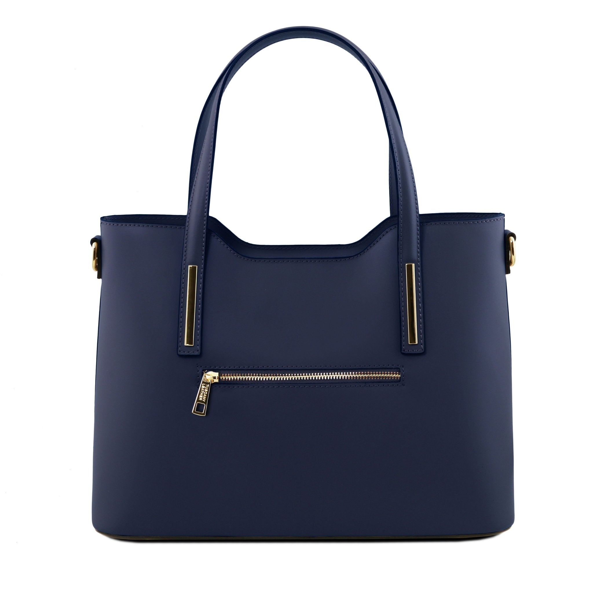 Olimpia Italian Leather Tote Bag in Dark Blue on a white background, back view with exterior zipper pocket - L'Atelier Global
