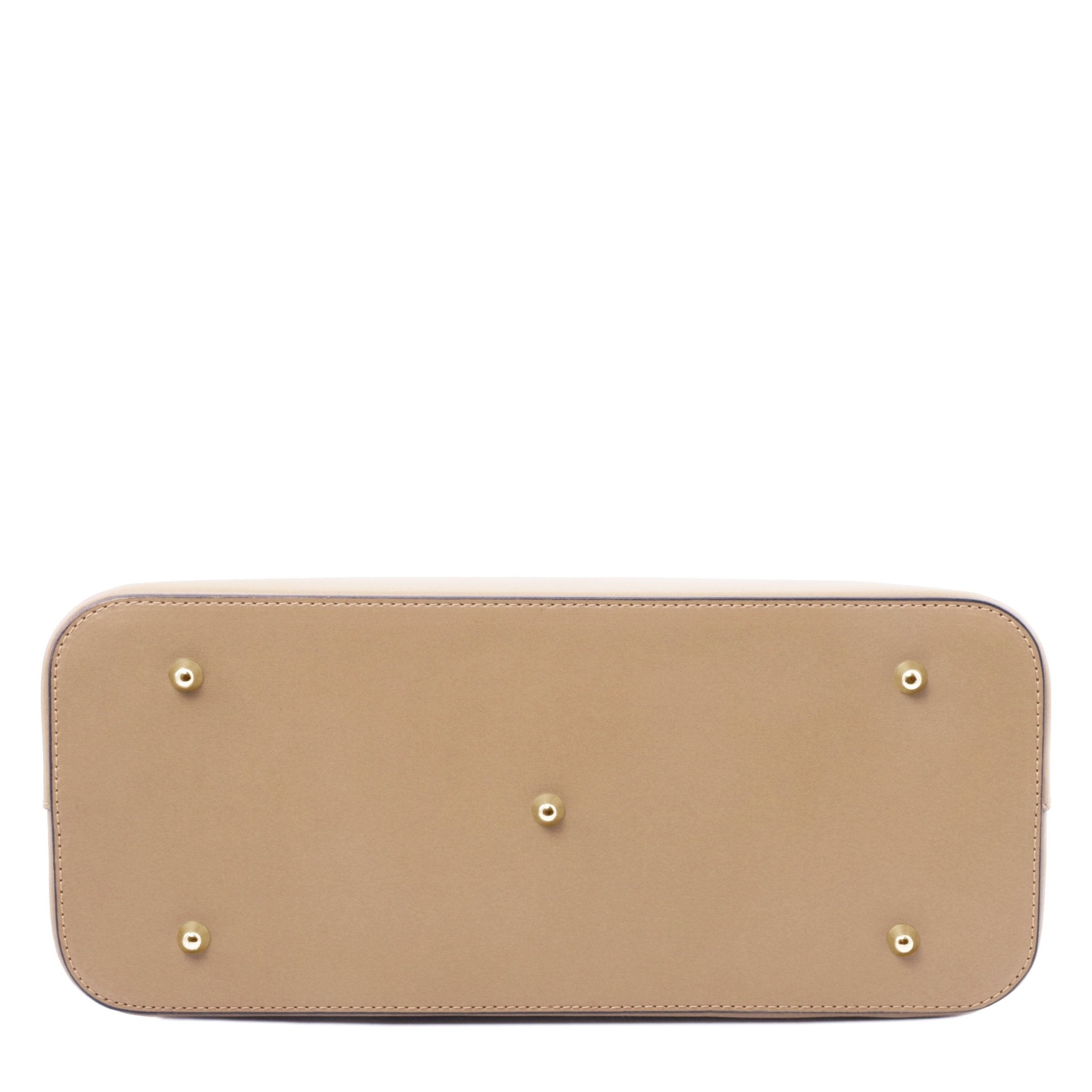 Olimpia Italian Leather Tote Bag in champagne on a white background, bottom view with golden metal feet - L'Atelier Global