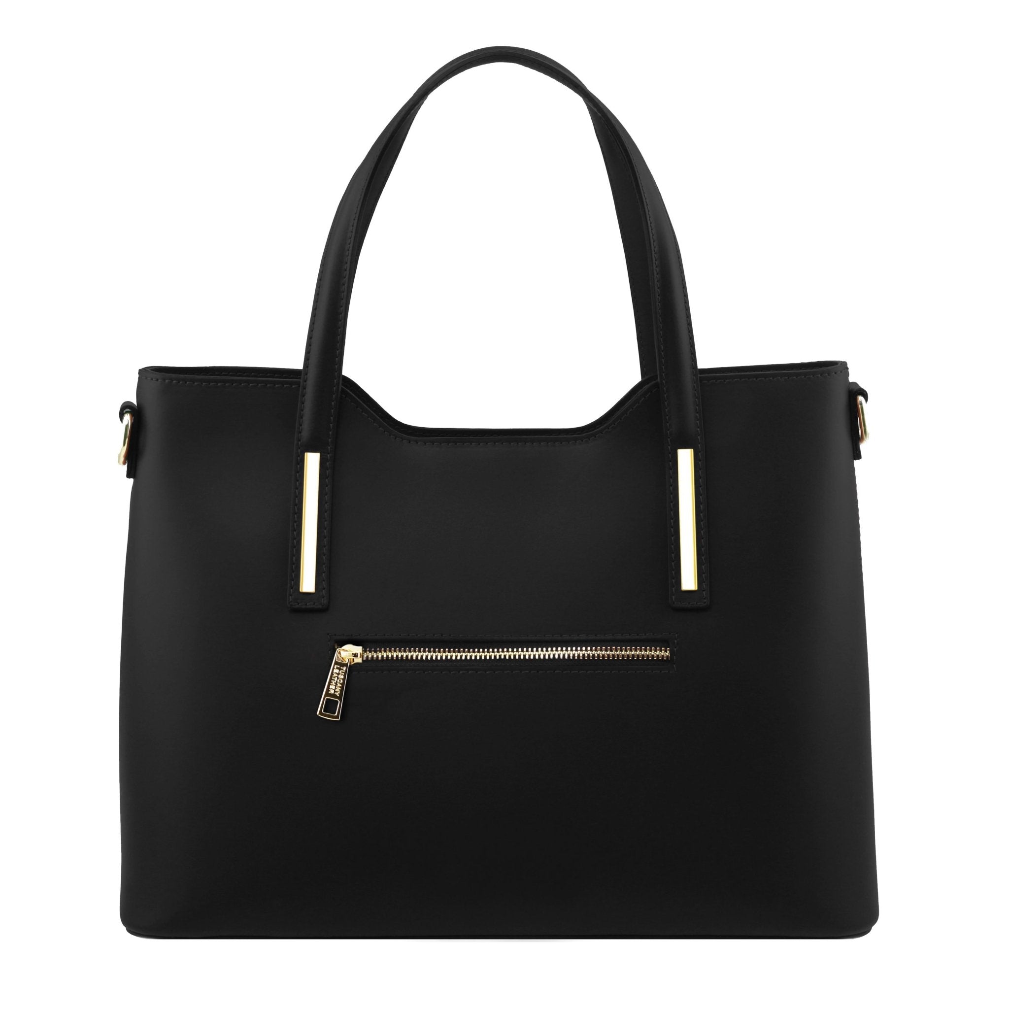Olimpia Italian Leather Tote Bag in Black on a white background, back view with exterior zipper pocket - L'Atelier Global