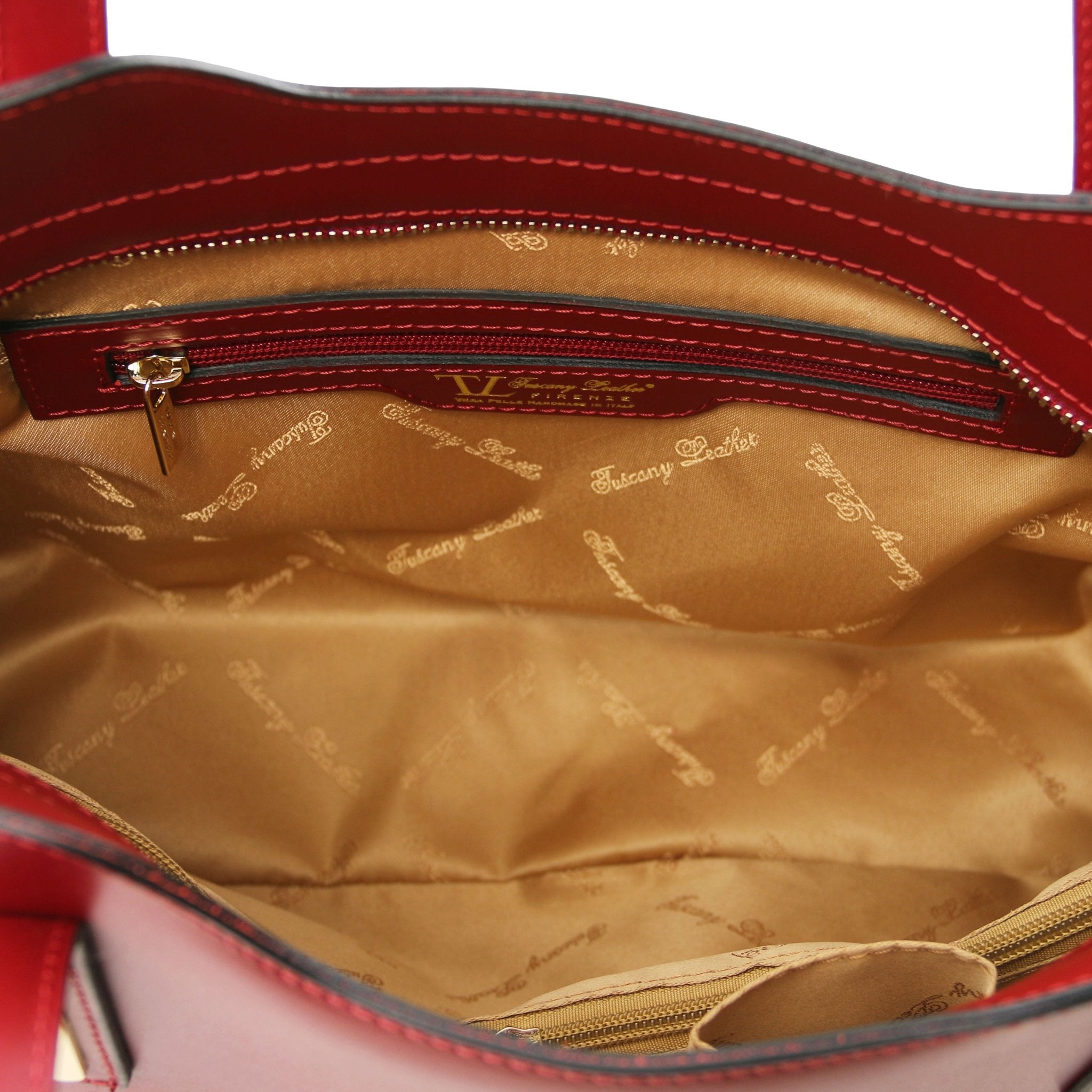 Olimpia Italian Leather Tote Bag in red on a white background, interior view showing side open pockets - L'Atelier Global