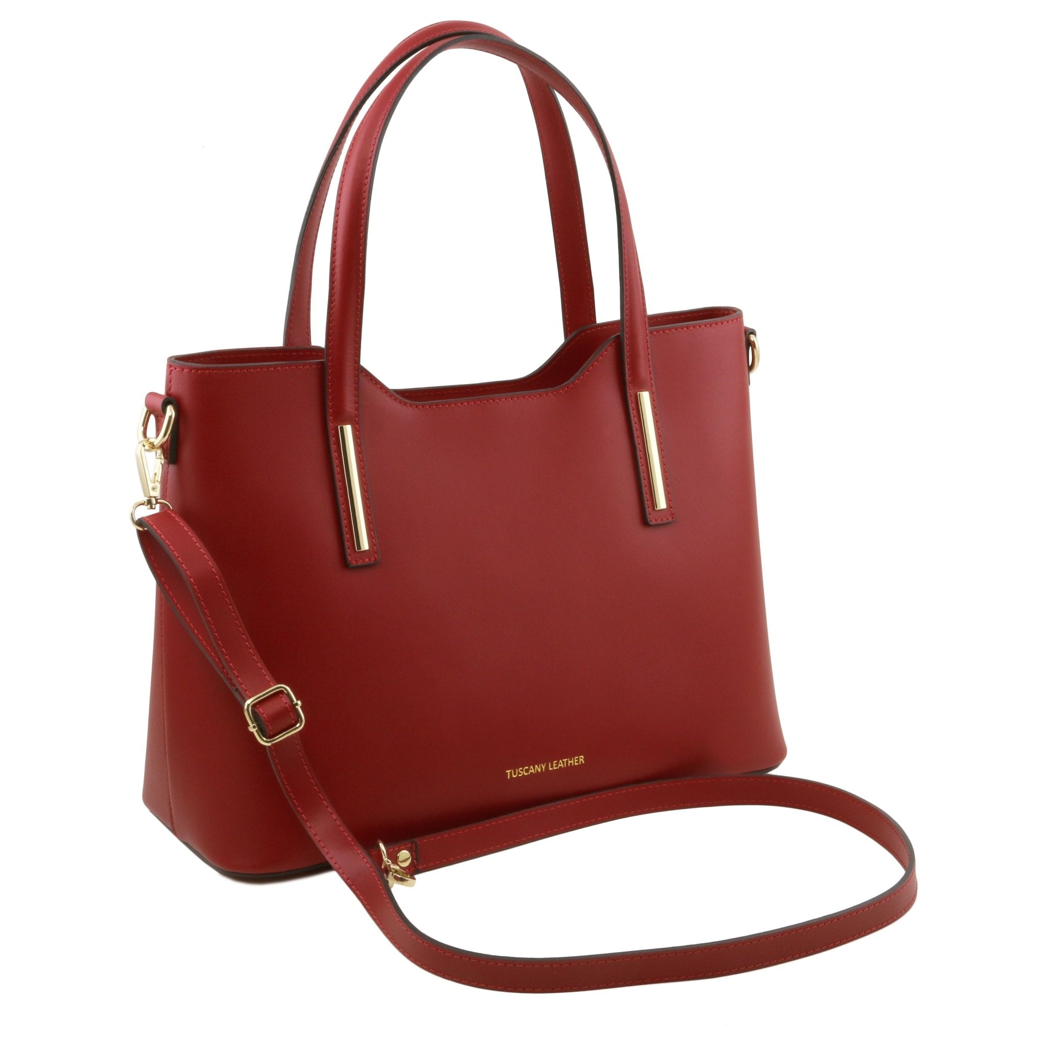 Olimpia Italian Leather Tote Bag in red on a white background, front side view showing shoulder strap - L'Atelier Global