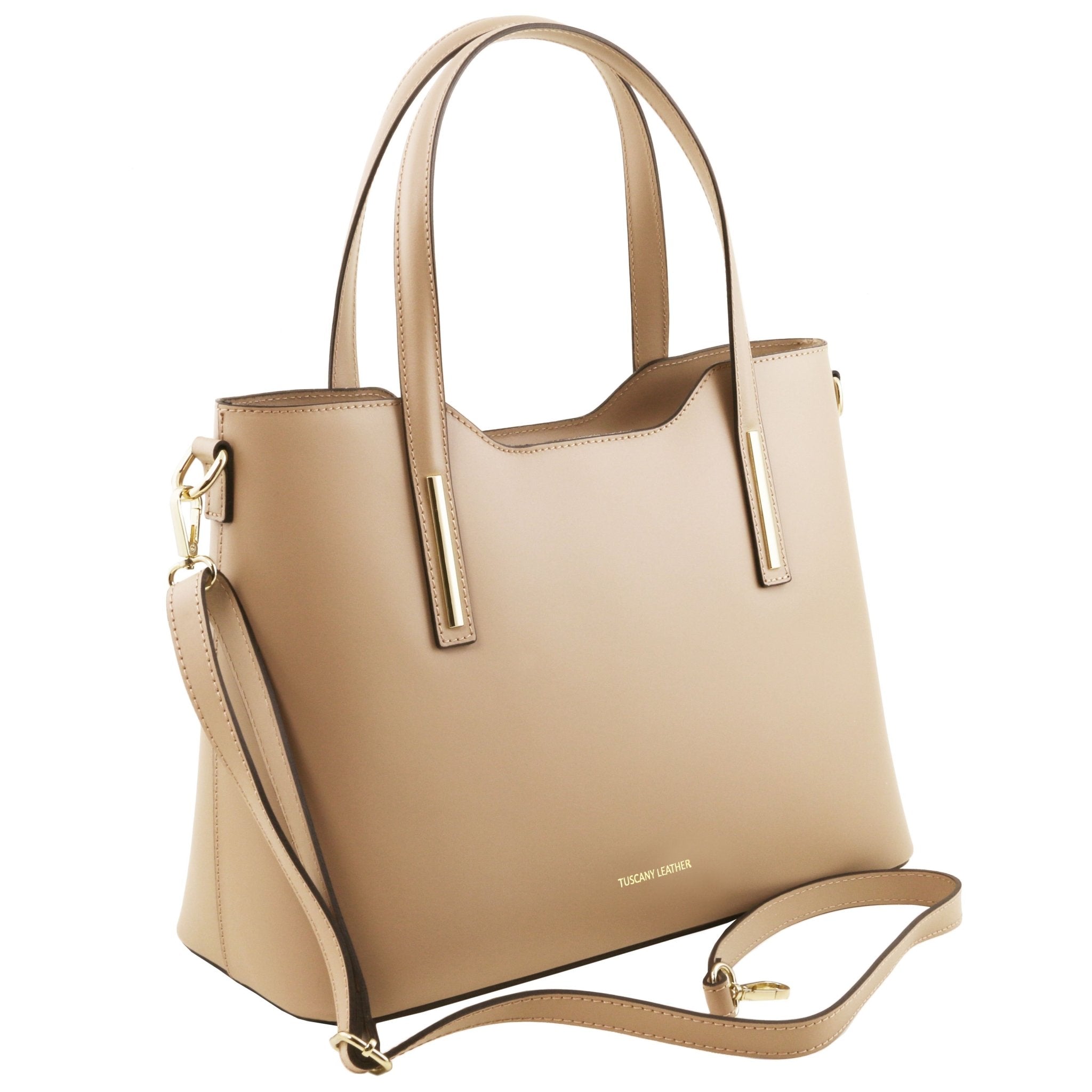 Olimpia Italian Leather Tote Bag in Champagne on white background, front side view showing shoulder strap - L'Atelier Global