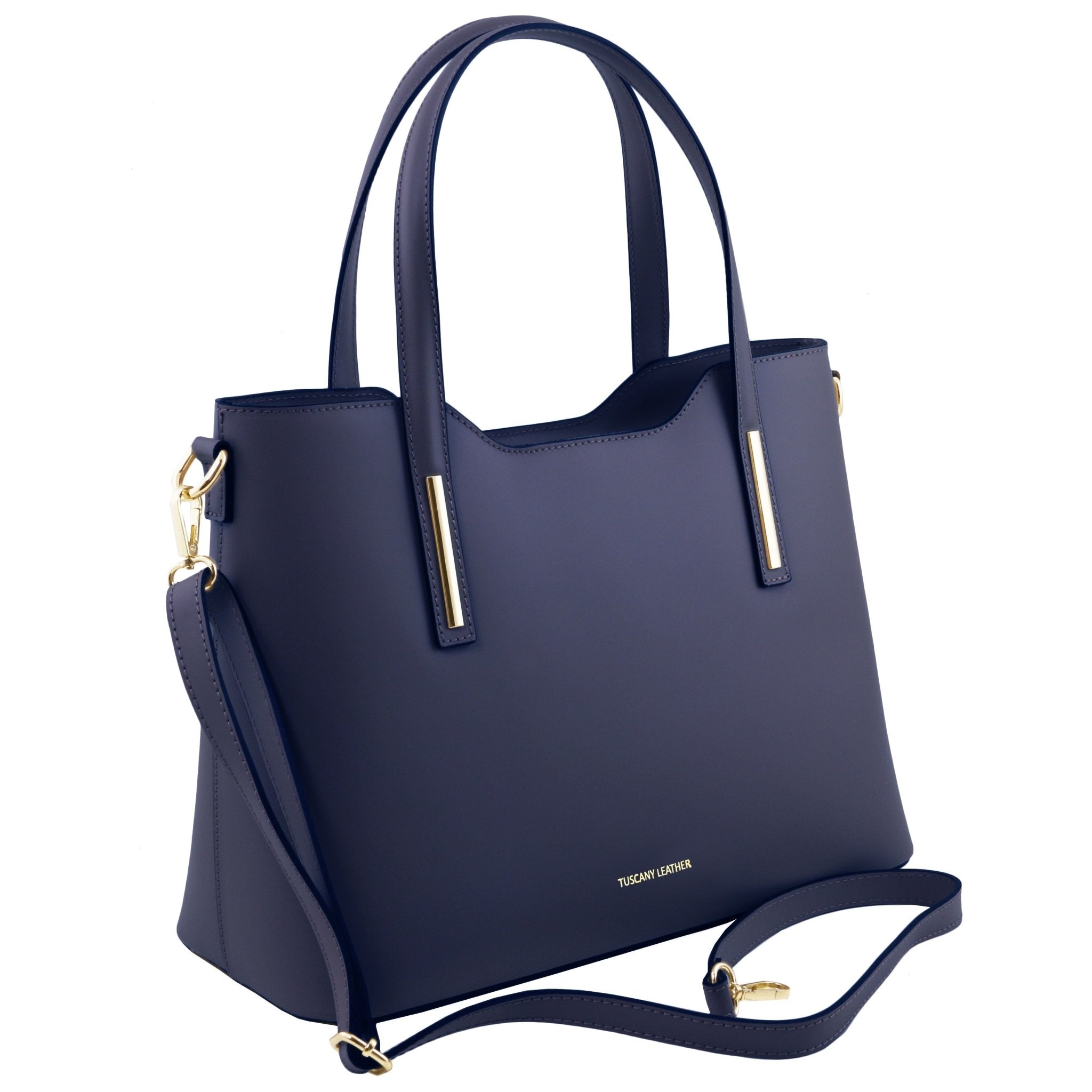 Olimpia Italian Leather Tote Bag in Dark Blue on white background, front side view showing shoulder strap - L'Atelier Global