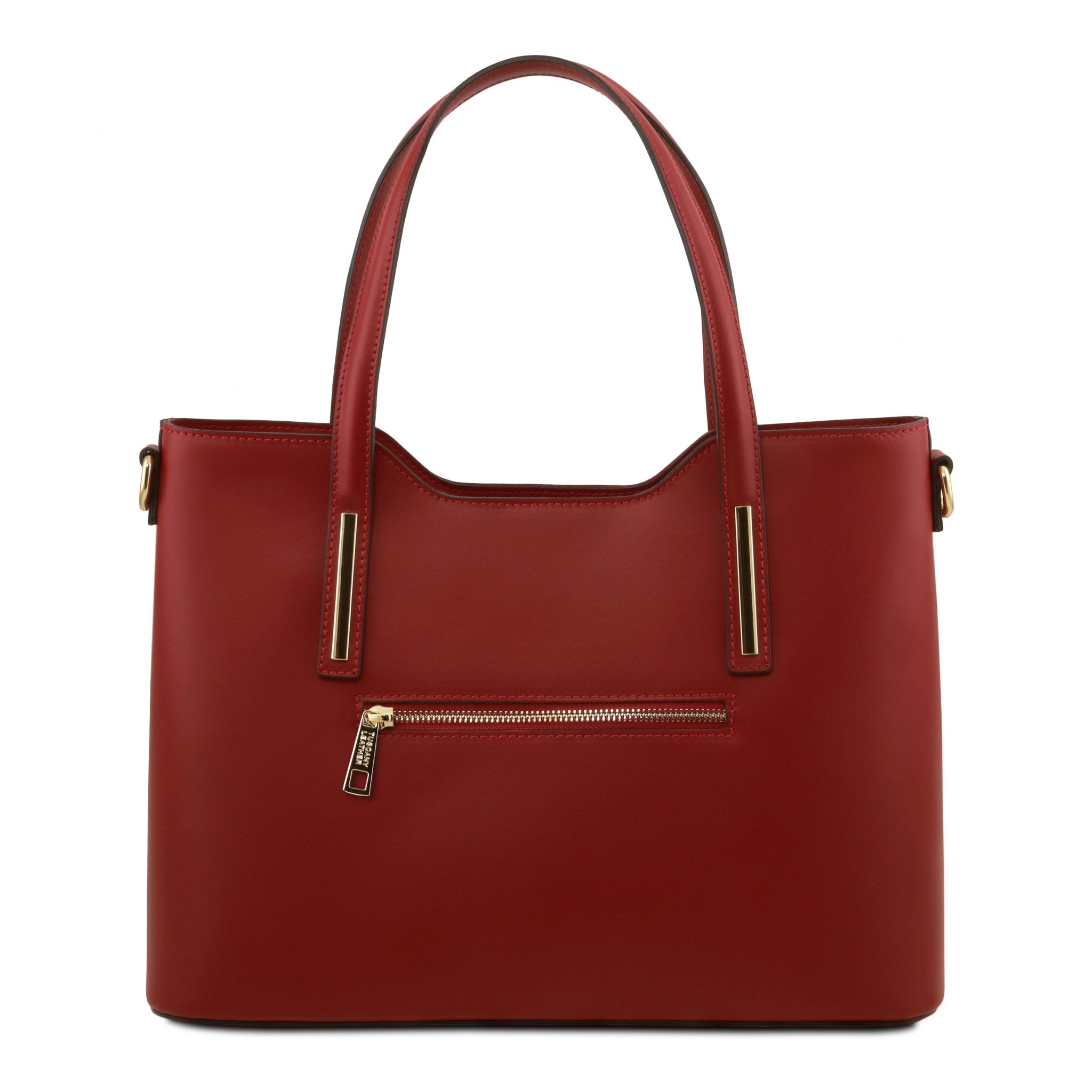 Olimpia Italian Leather Tote Bag in red on a white background, back view with exterior zipper pocket - L'Atelier Global