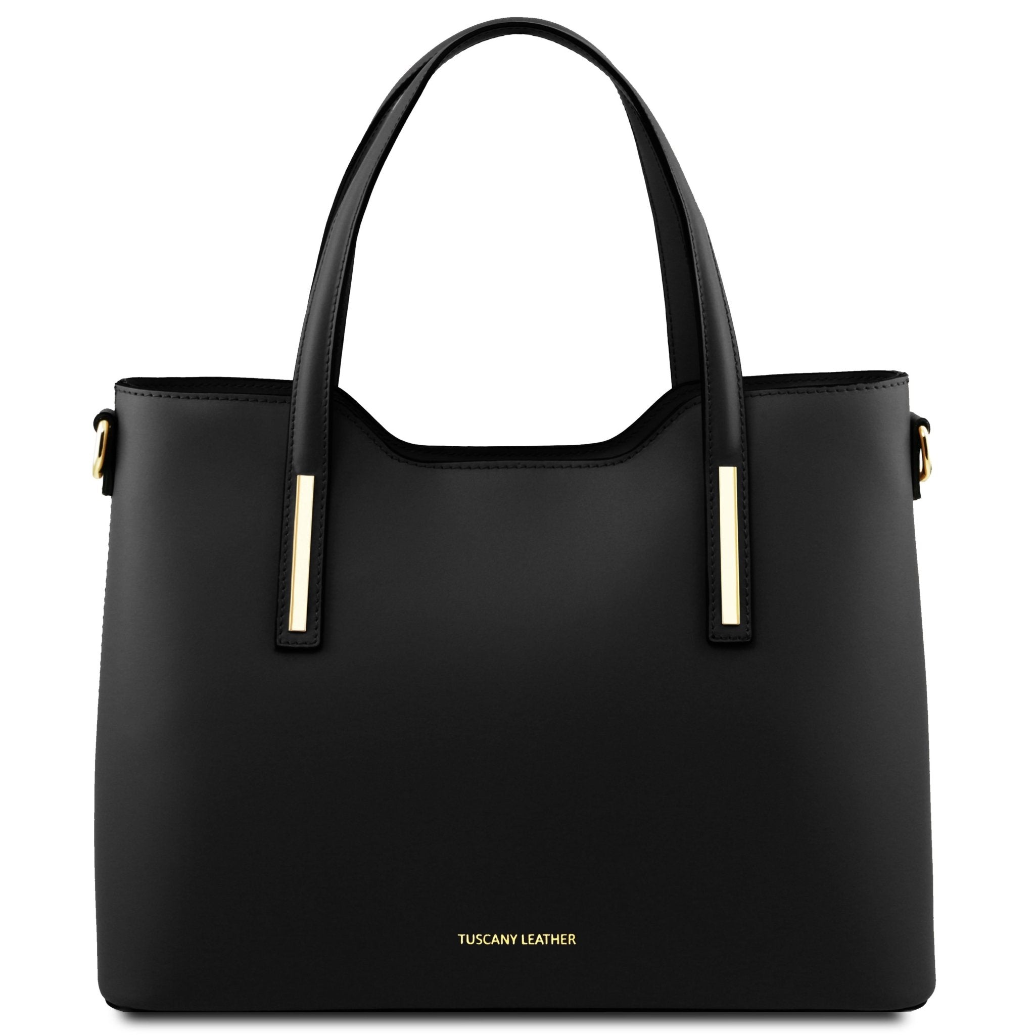 Olimpia Italian Leather Tote Bag in Black on a white background, front view - L'Atelier Global