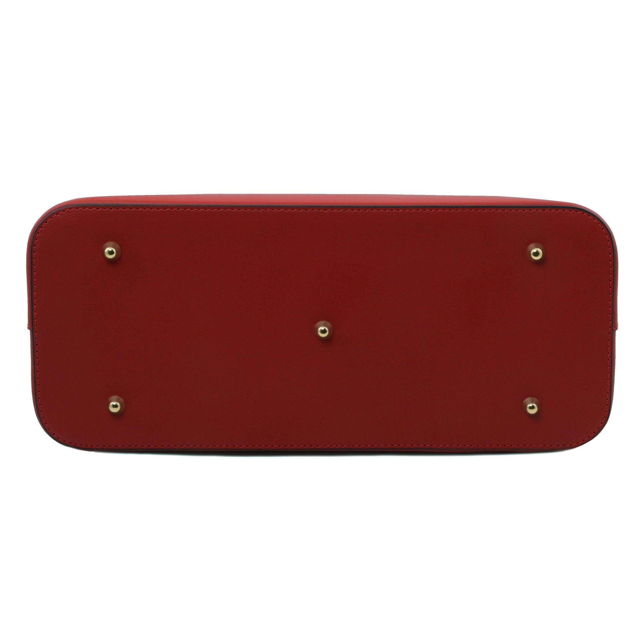 Olimpia Italian Leather Tote Bag in red on a white background, bottom view with golden metal feet - L'Atelier Global
