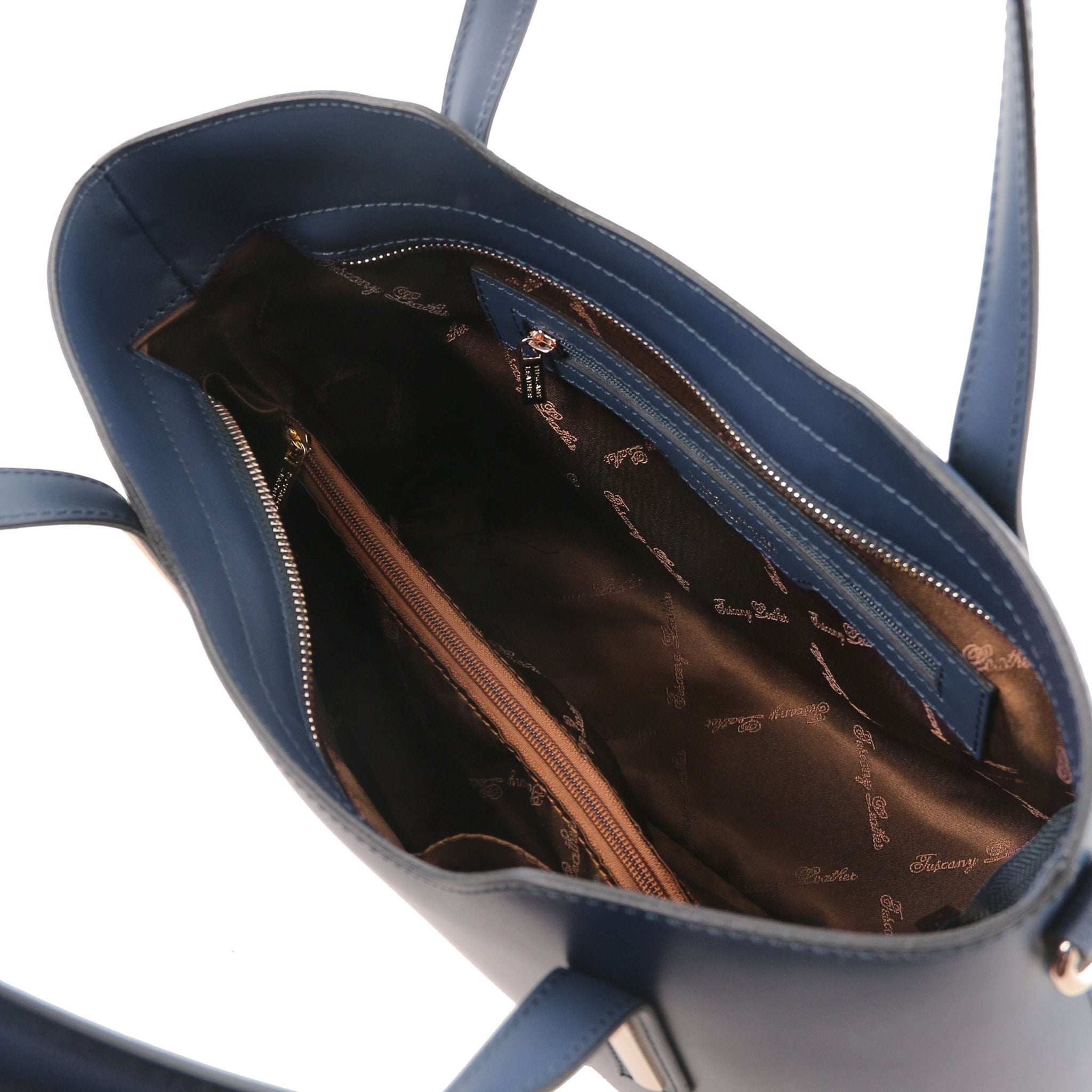 Olimpia Italian Leather Tote Bag in Dark Blue on a white background, interior view showing side zip pocket - L'Atelier Global