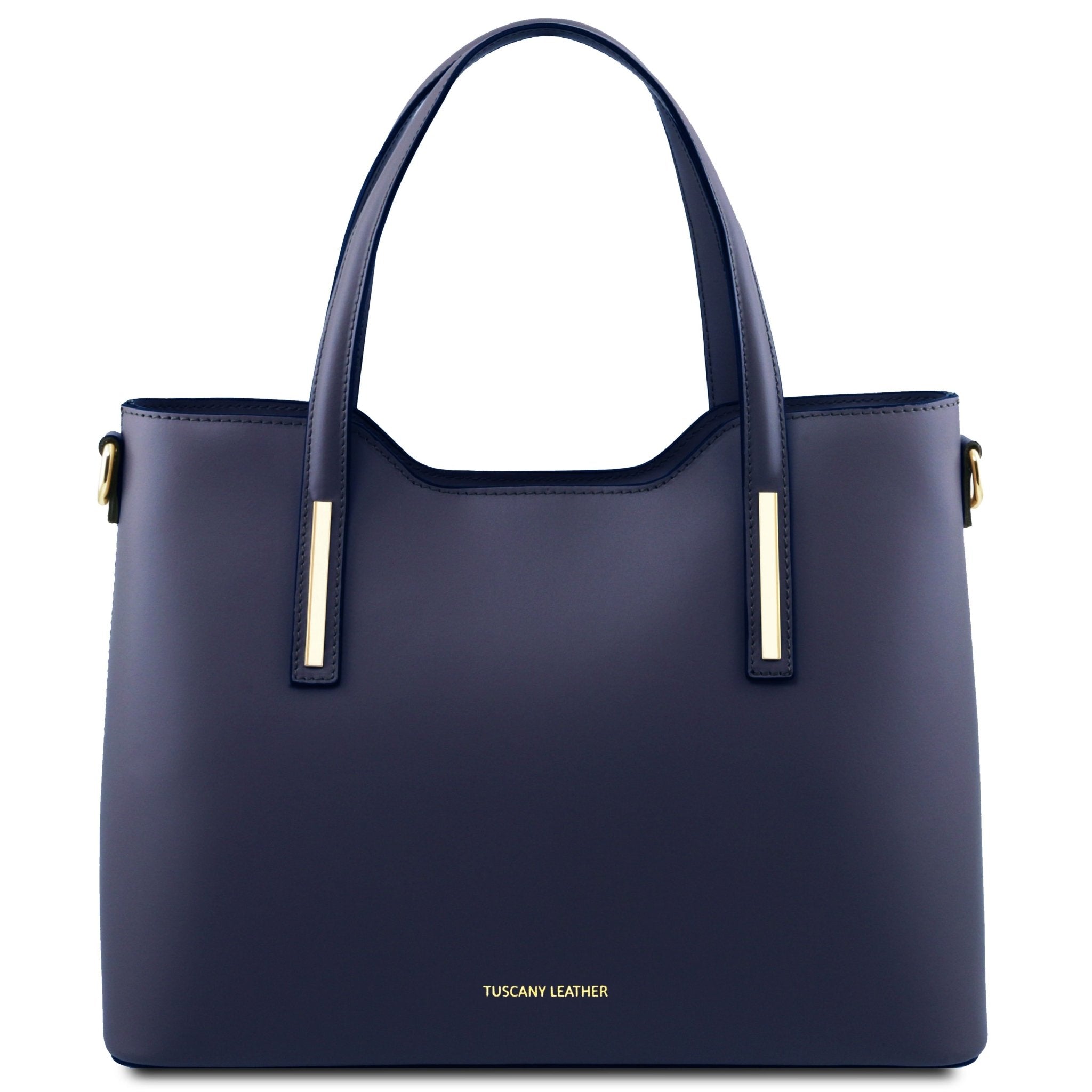 Olimpia Italian Leather Tote Bag in Dark Blue on a white background, front view - L'Atelier Global