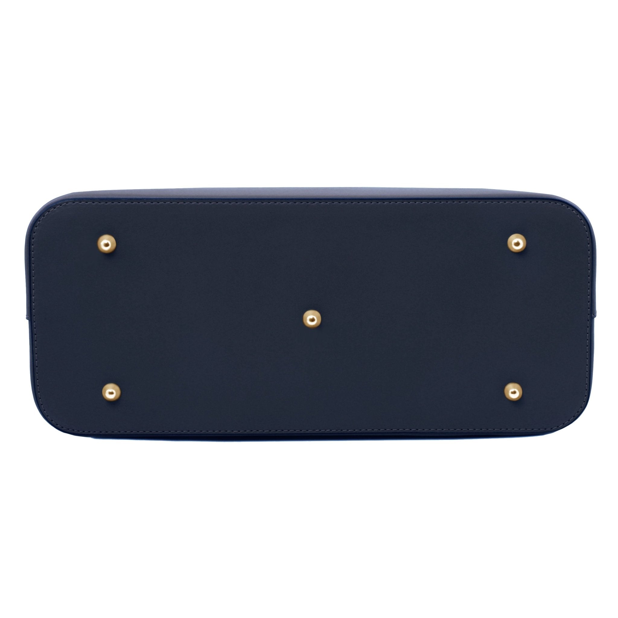 Olimpia Italian Leather Tote Bag in Dark Blue on a white background, bottom view with golden metal feet - L'Atelier Global