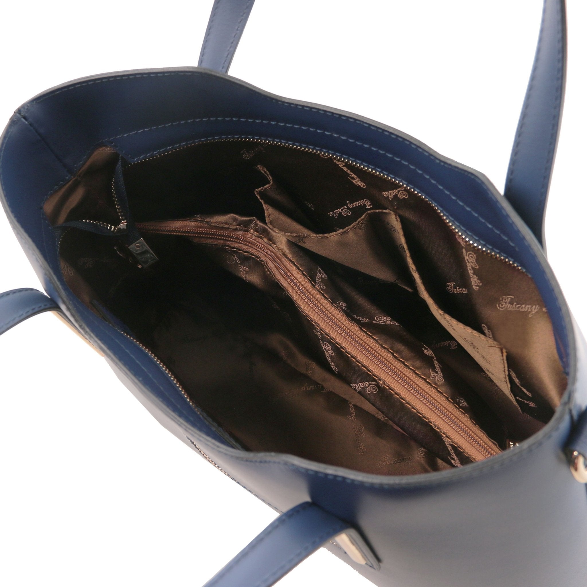 Olimpia Italian Leather Tote Bag in Dark Blue on white background, interior view showing side open pockets - L'Atelier Global