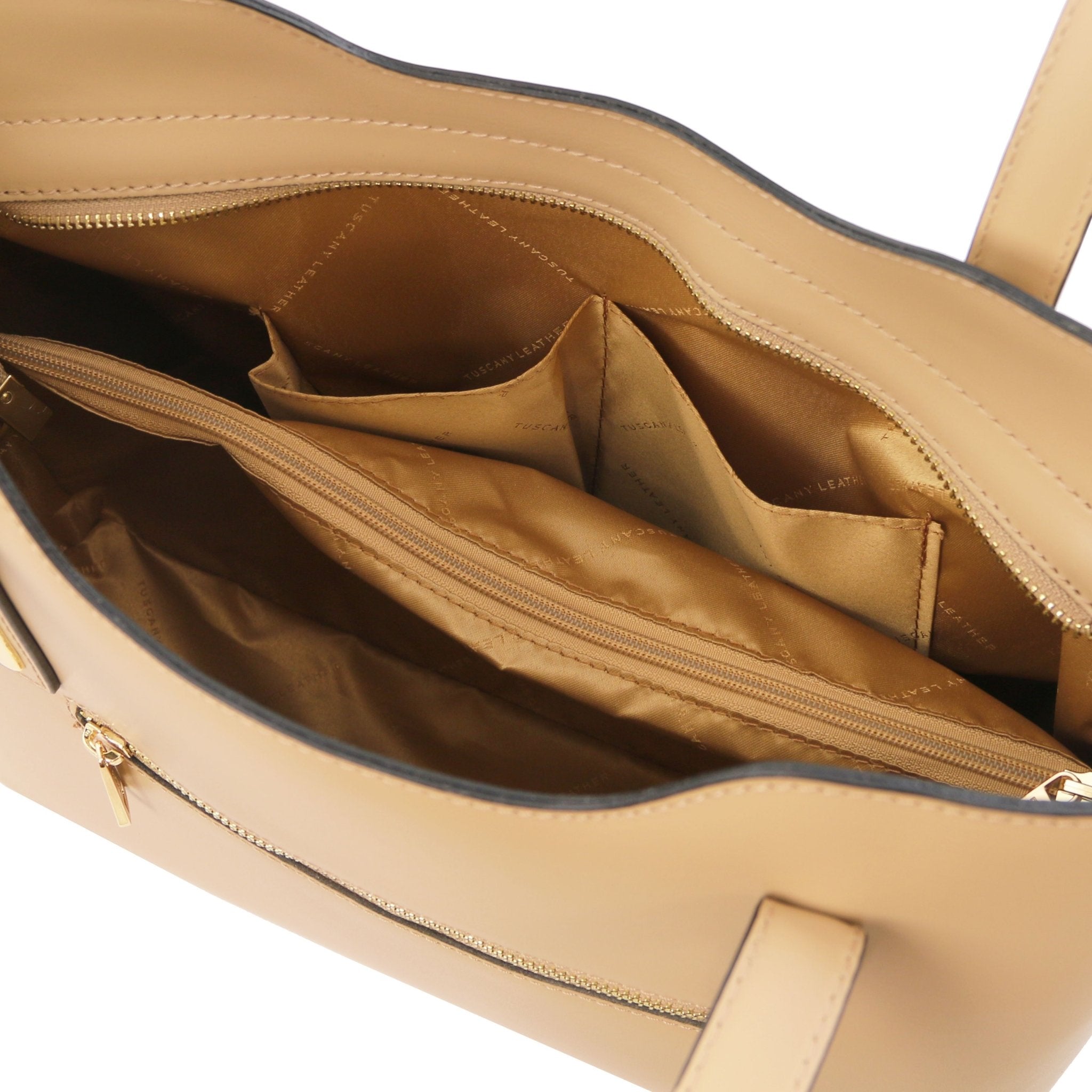 Olimpia Italian Leather Tote Bag in red on a white background, interior view showing side open pockets - L'Atelier Global