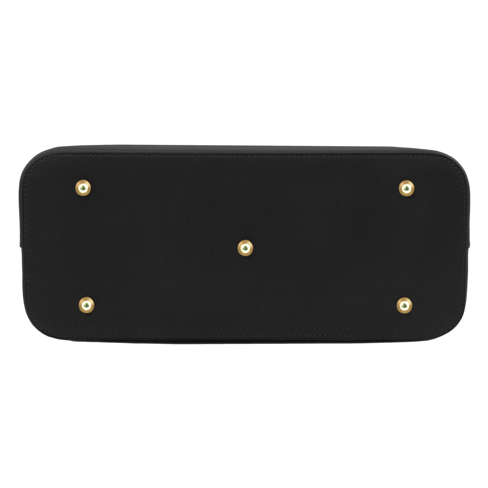Olimpia Italian Leather Tote Bag in Black on a white background, bottom view with golden metal feet - L'Atelier Global