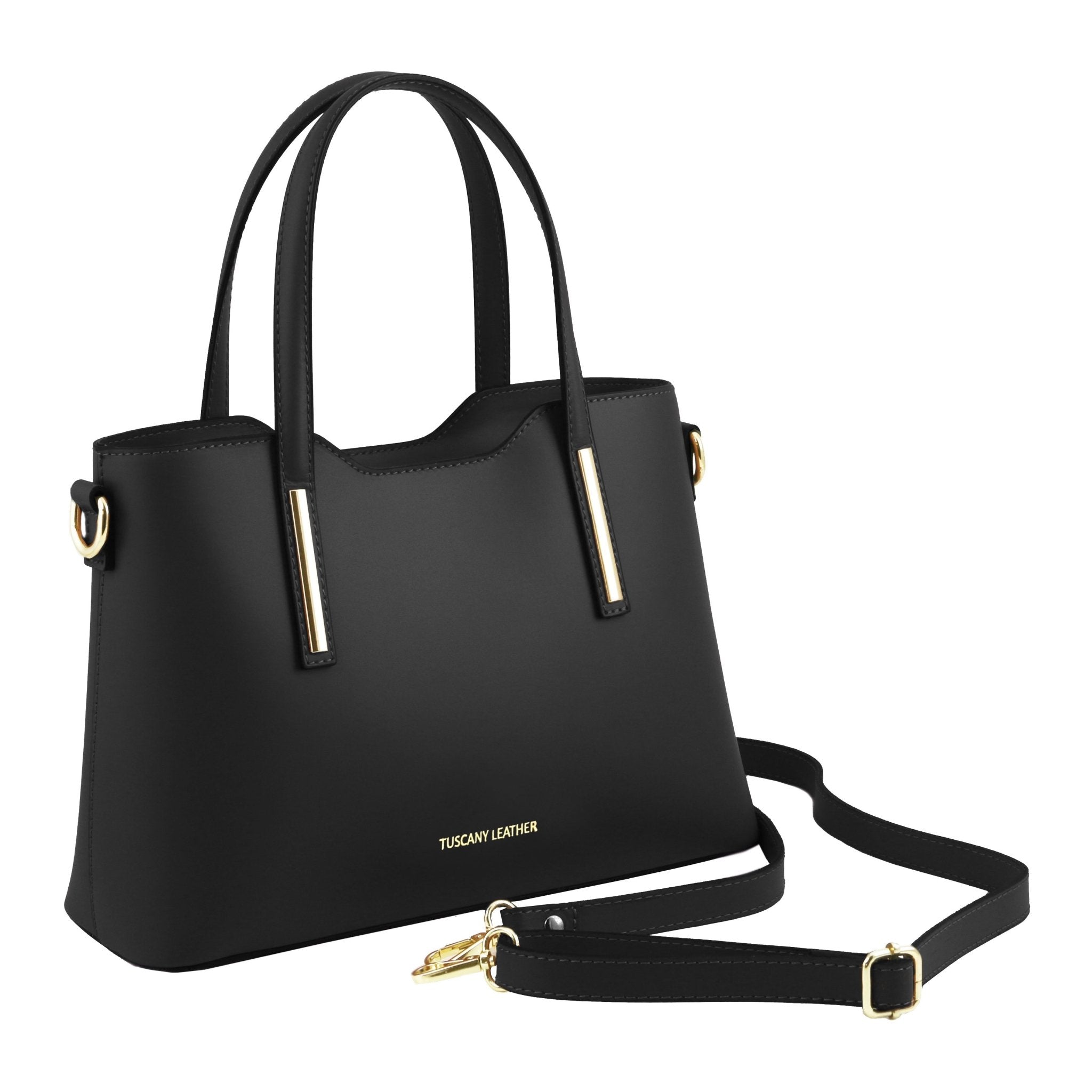 Front Angled View Olimpia Leather Tote in Black Small Size showing handle and shoulder strap