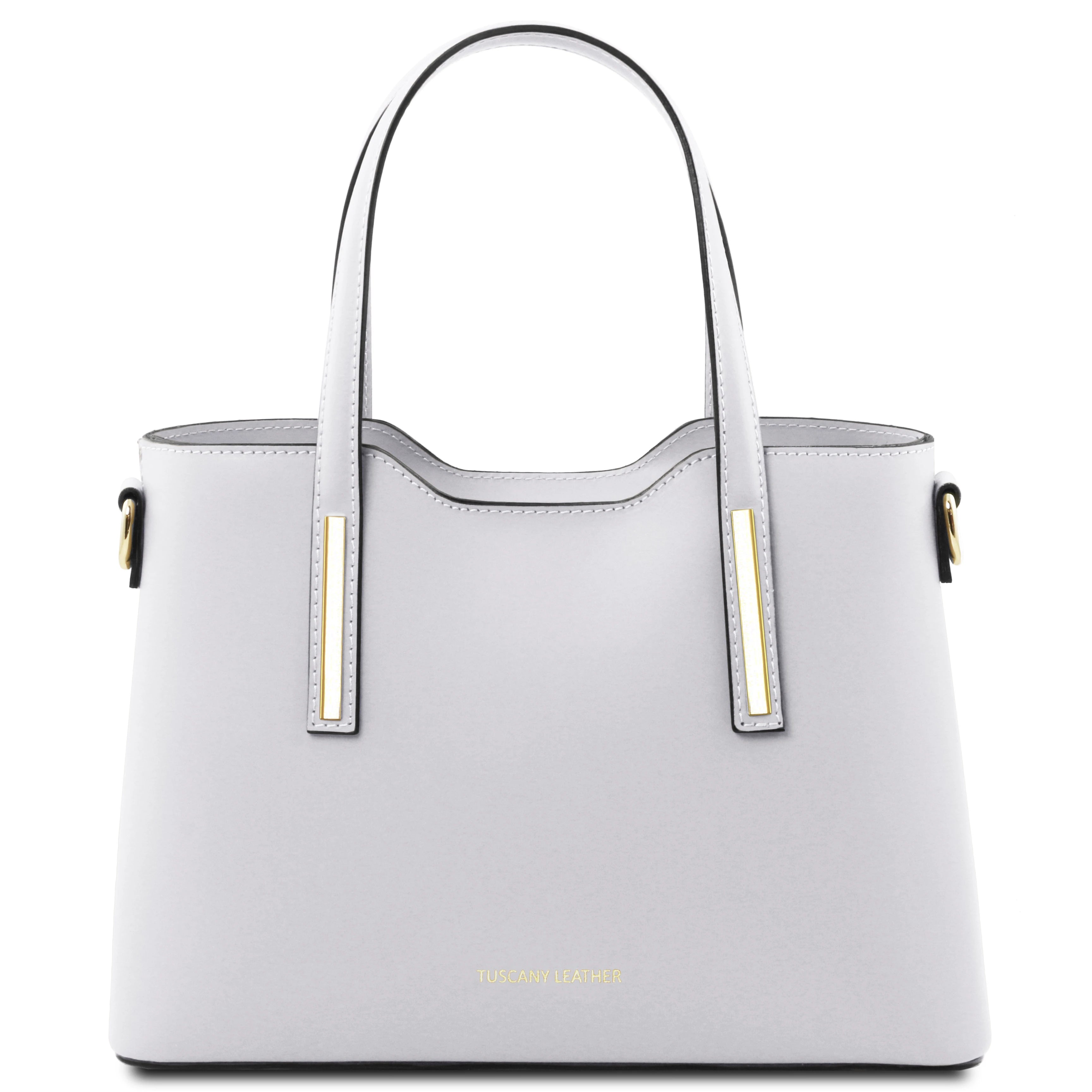 Front View Olimpia Leather Tote in White Small Size showing handle and golden accents on straps