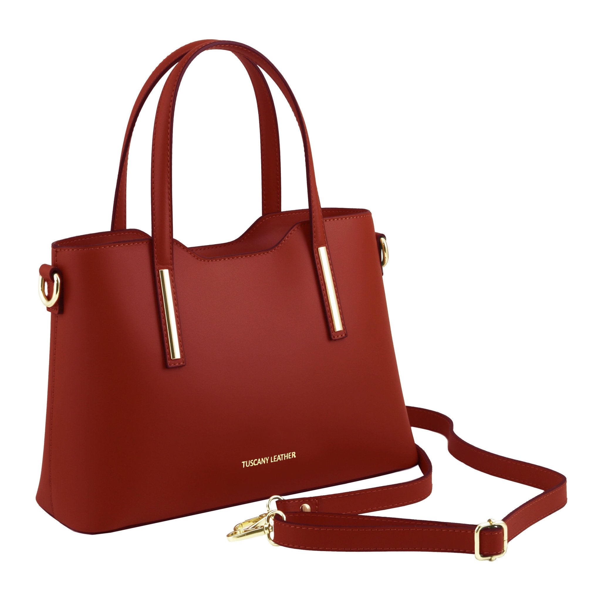 Front Angled View Olimpia Leather Tote in Lipstick Red Small Size showing handle and shoulder strap