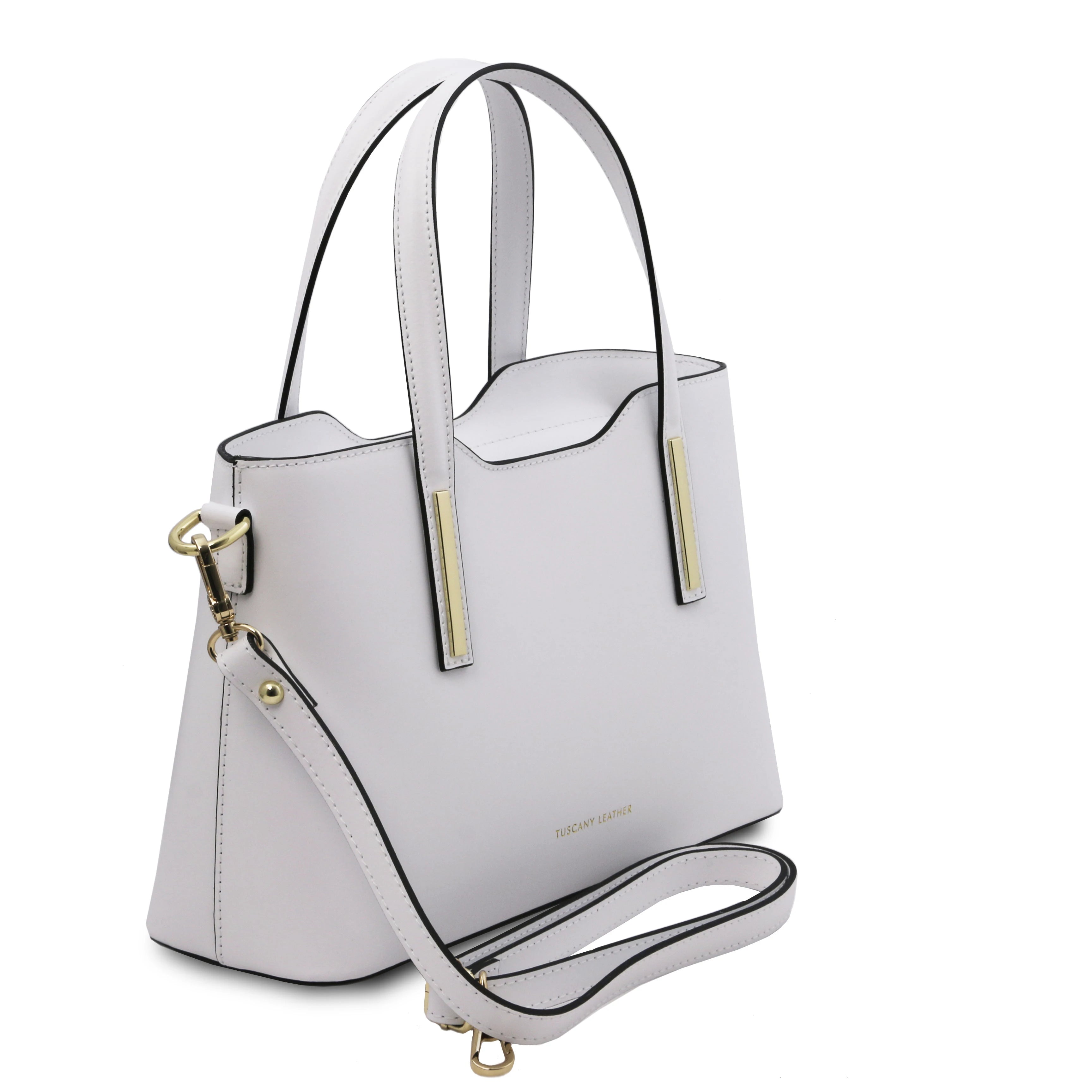Front Angled View Olimpia Leather Tote in White Small Size showing handle and shoulder strap