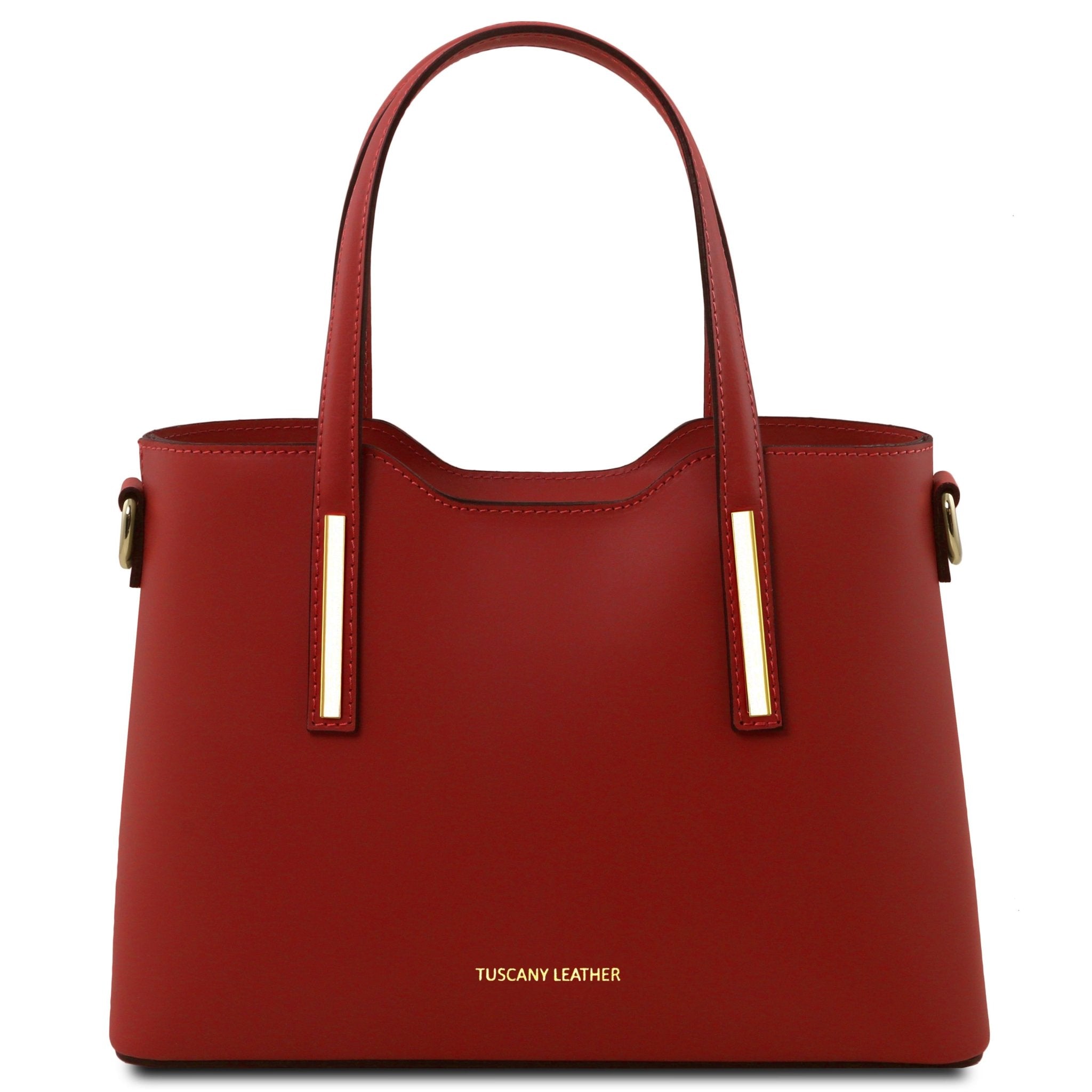 Front Angled View Olimpia Leather Tote in Red Small Size showing handle