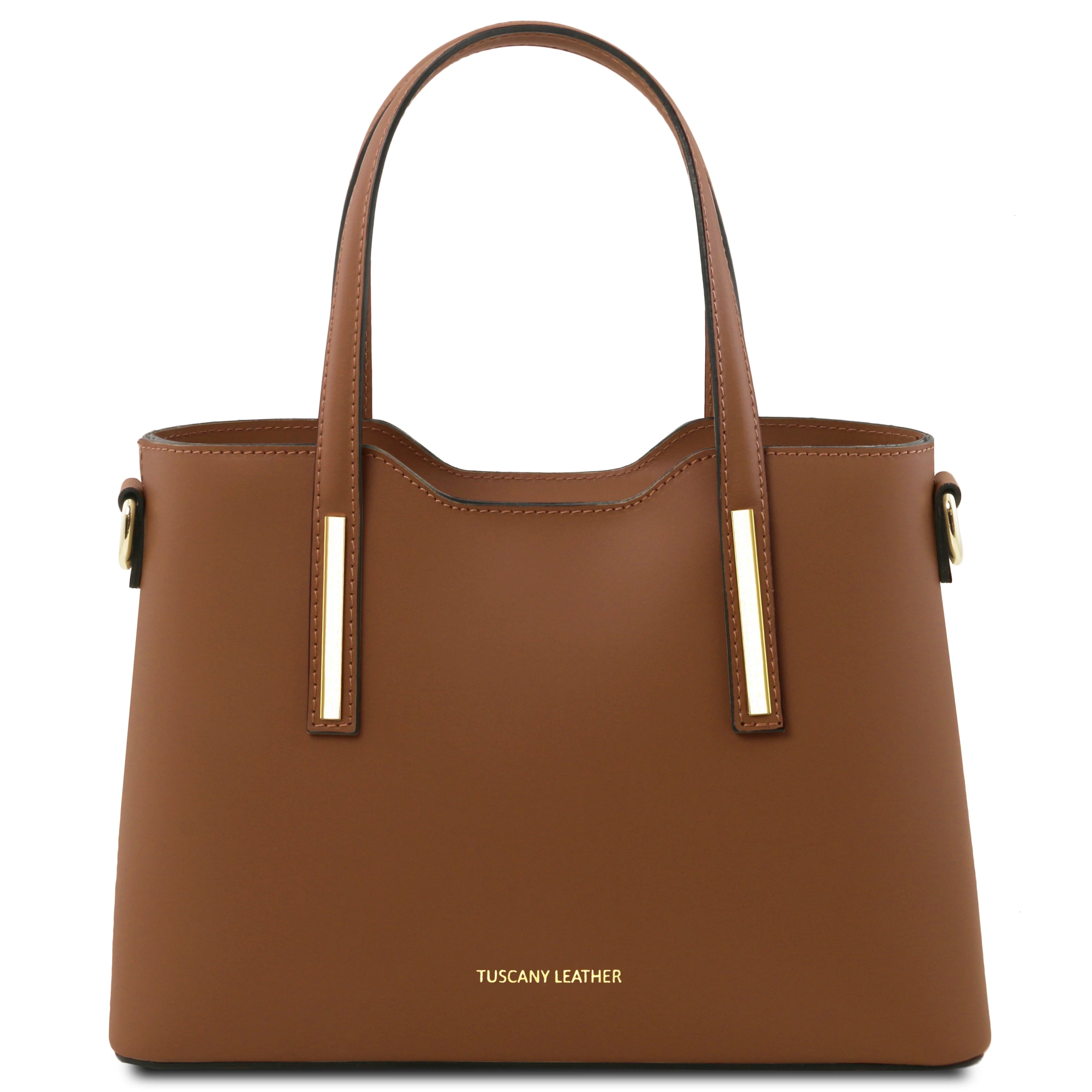 Front View Olimpia Leather Tote in Cognac Small Size showing handle and golden accents on straps