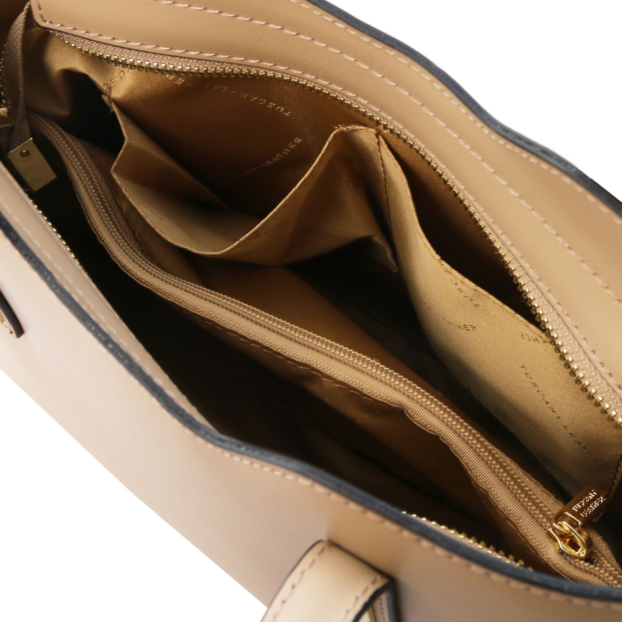 Interior Open Pocket View Olimpia Leather Tote in Champagne Small Size showing matching lining