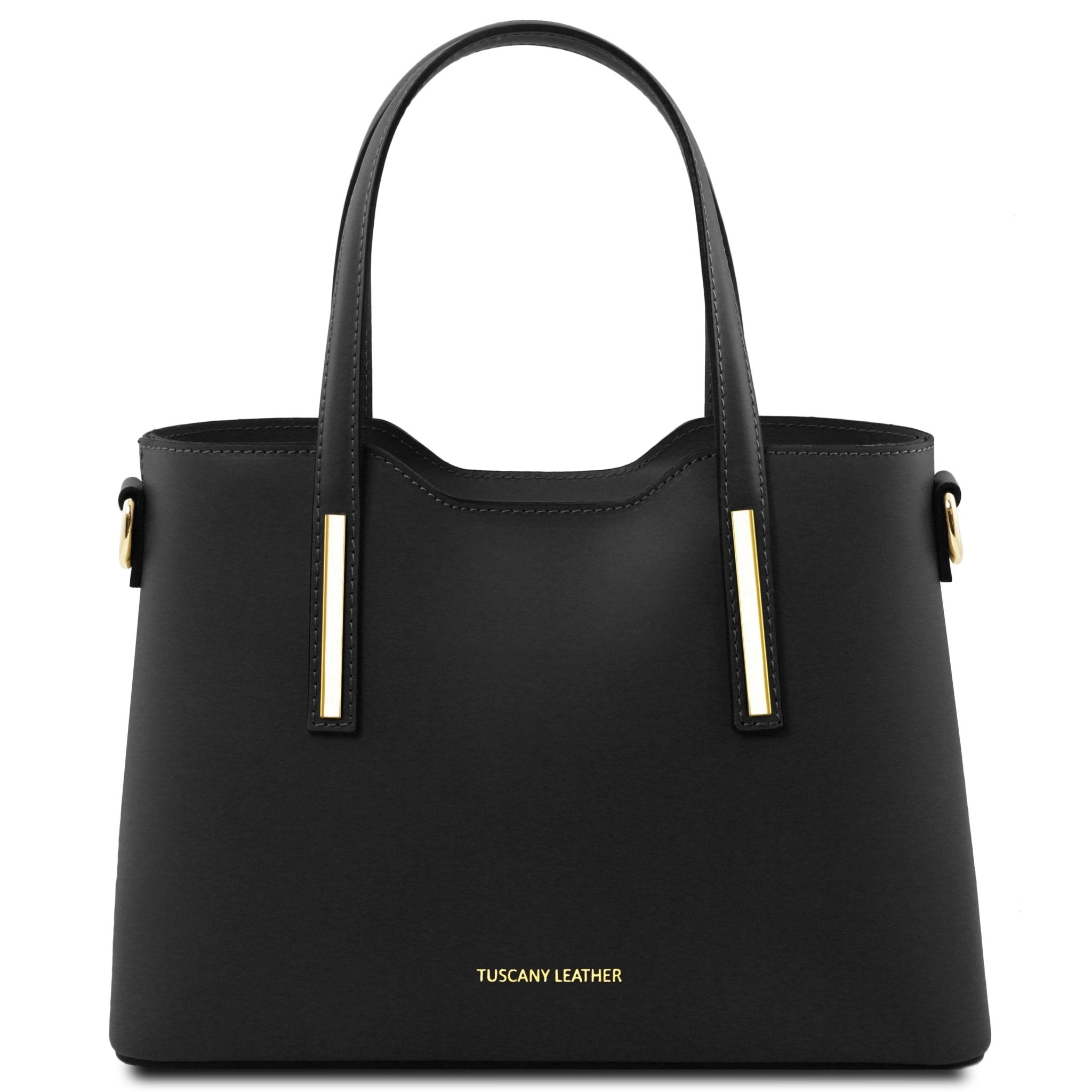Front View Olimpia Leather Tote in Black Small Size showing handle and golden accents on straps