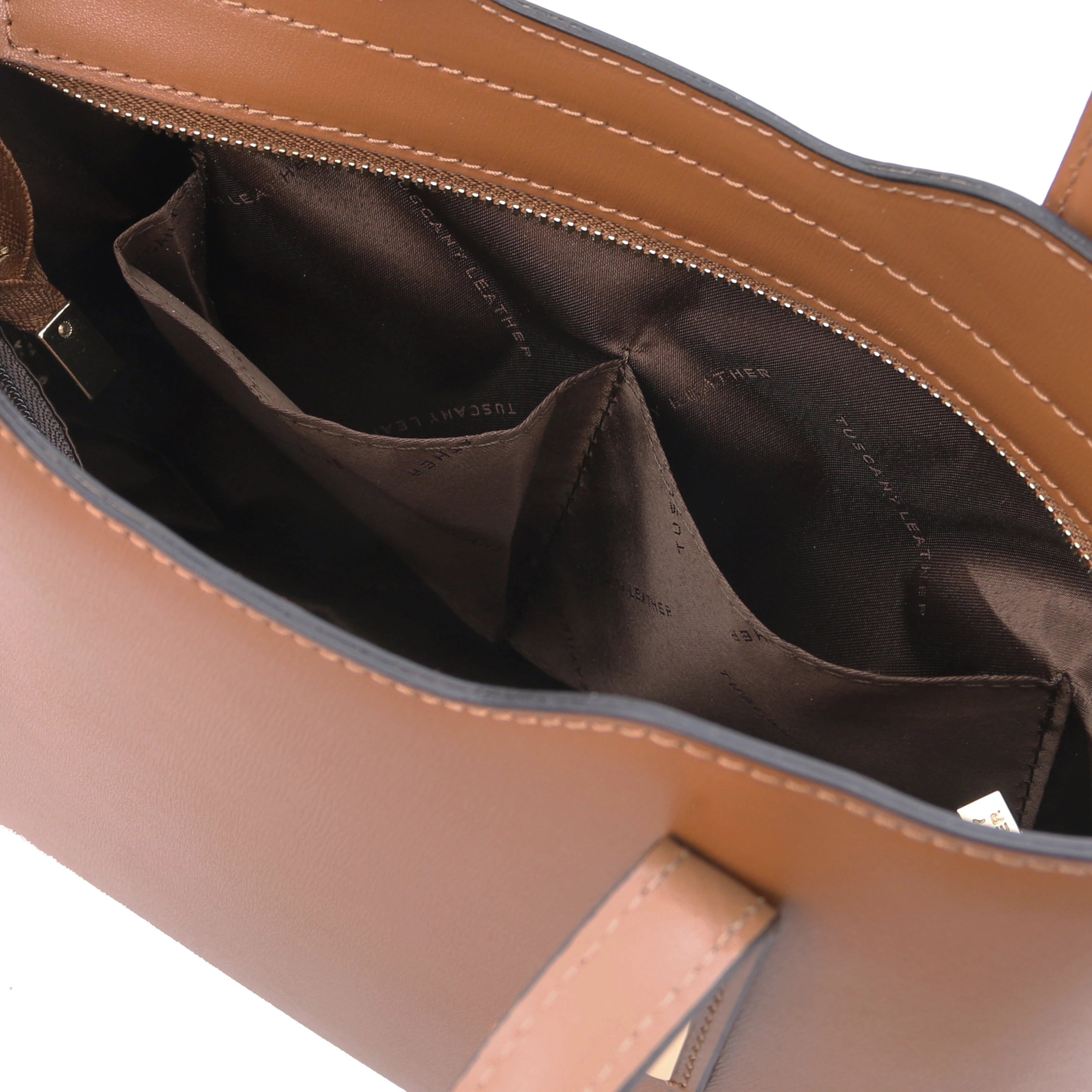Interior Open Pockets View Olimpia Leather Tote in CognacSmall Size showing dark brown lining