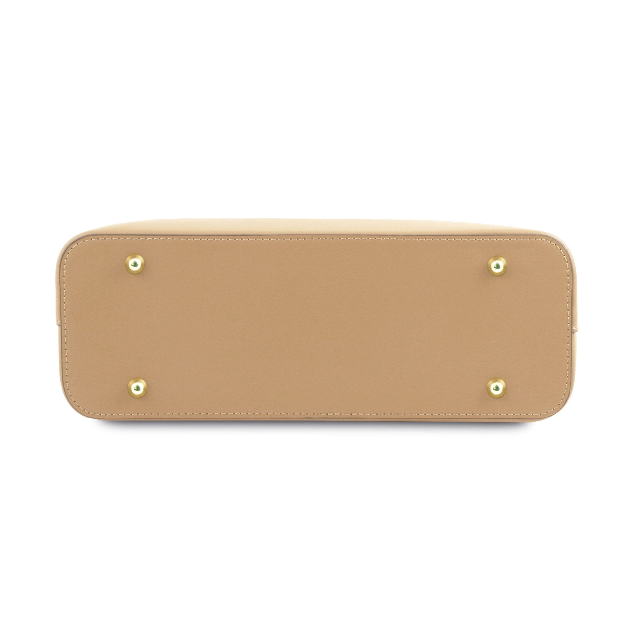 Bottom View Olimpia Leather Tote in Champagne Small Size showing four gold feet