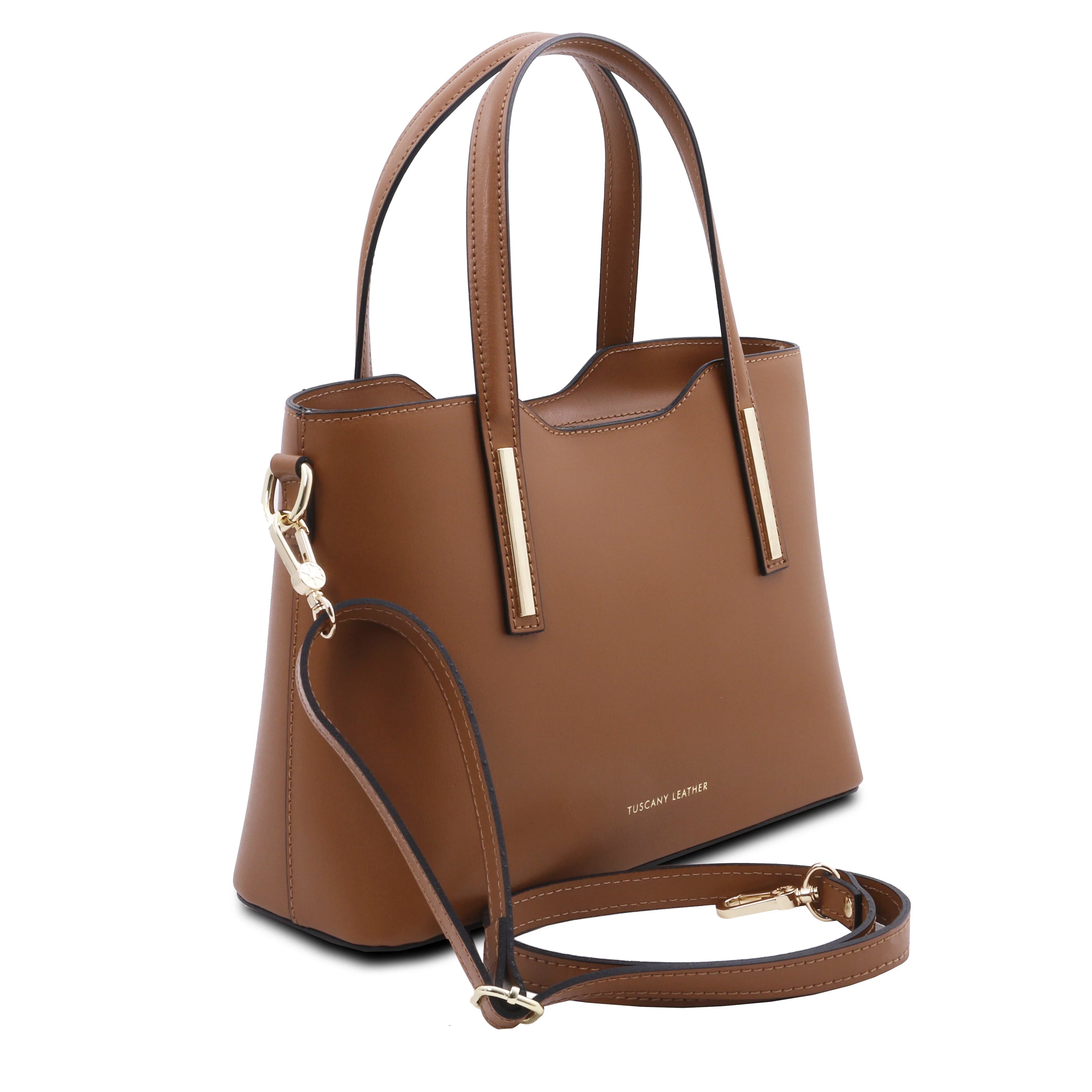 Front Angled View Olimpia Leather Tote in Cognac Small Size showing handle and shoulder strap