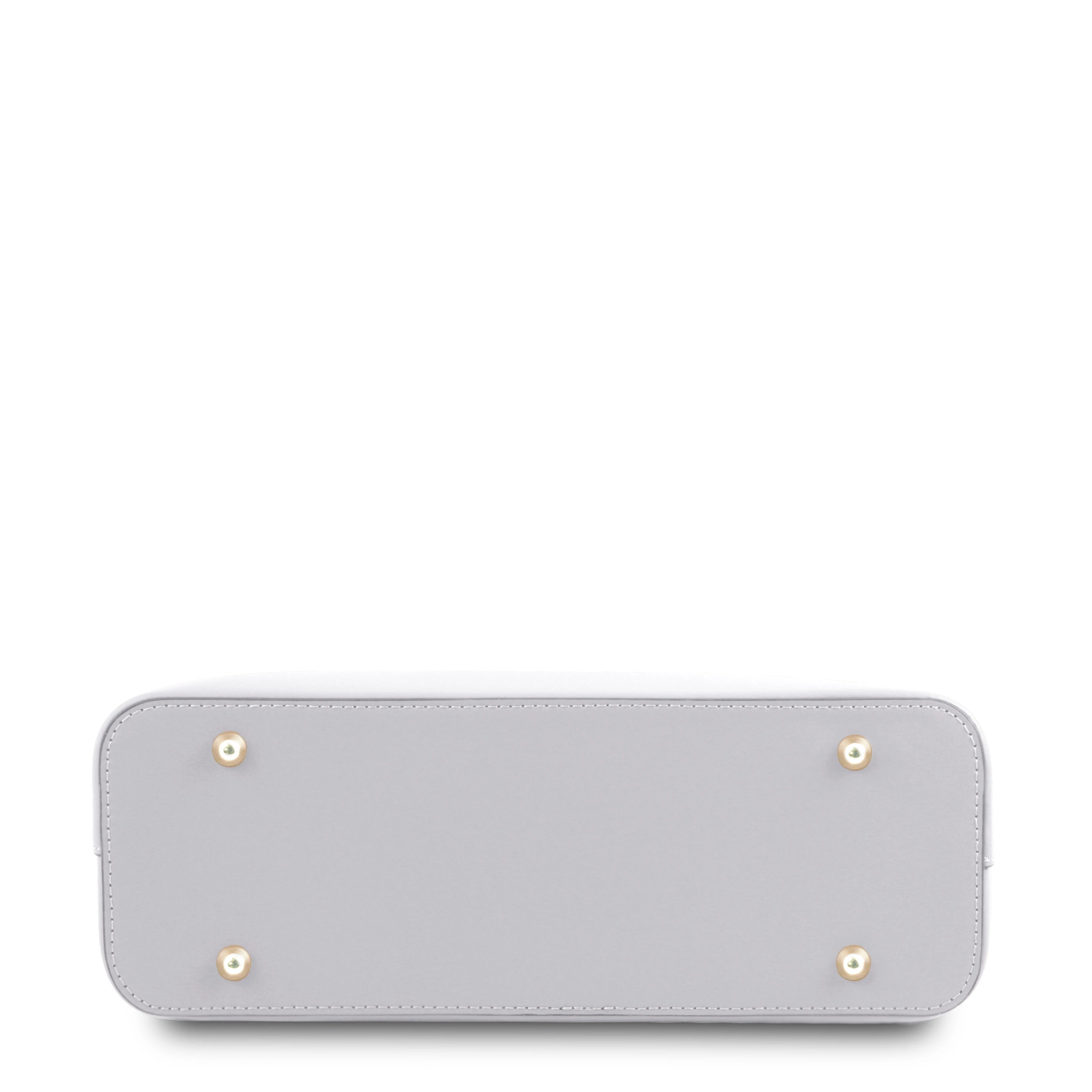 Bottom View Olimpia Leather Tote in White Small Size showing four gold feet