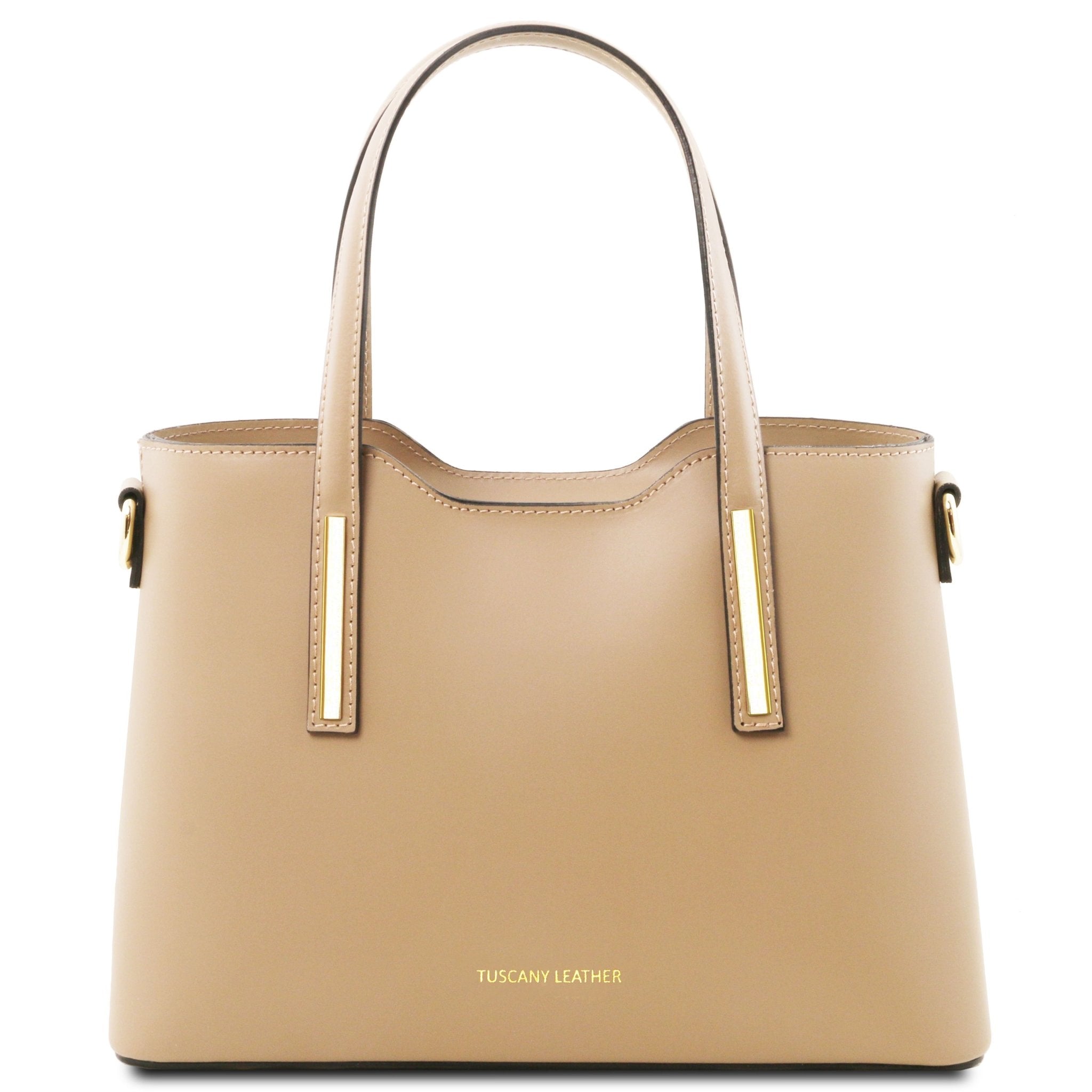 Front View Olimpia Leather Tote in Champagne Small Size showing handle and golden accents on straps