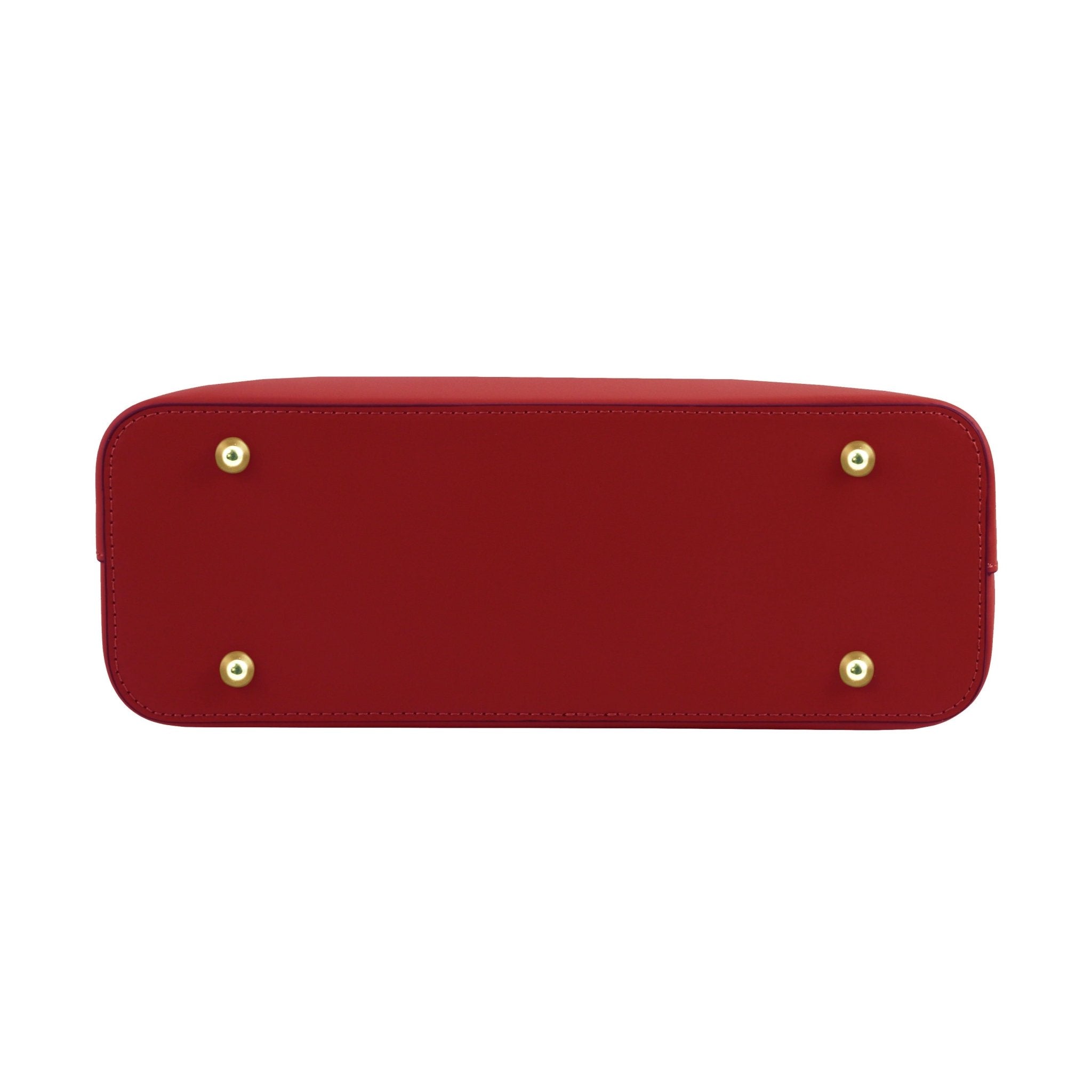 Bottom View Olimpia Leather Tote in Lipstick red Small Size showing four gold feet
