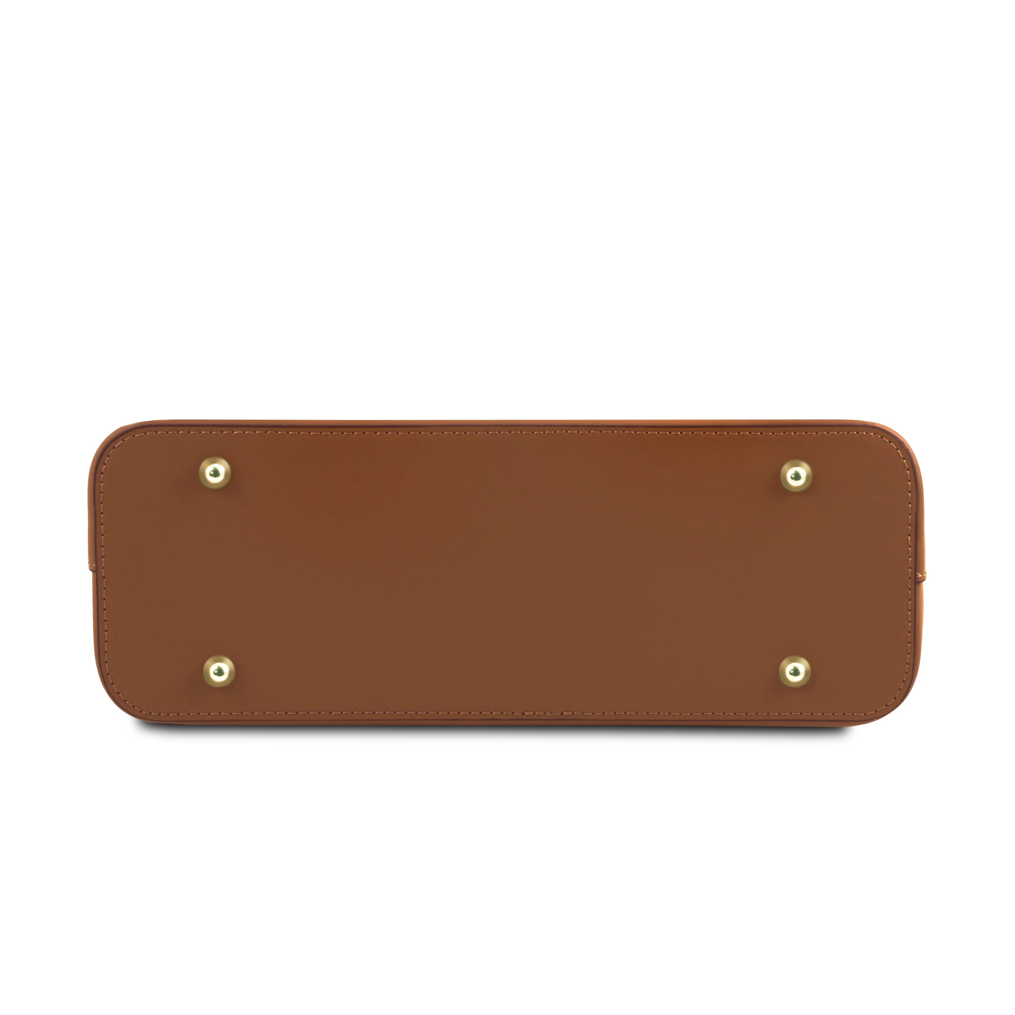 Bottom View Olimpia Leather Tote in Cognac Small Size showing four gold feet