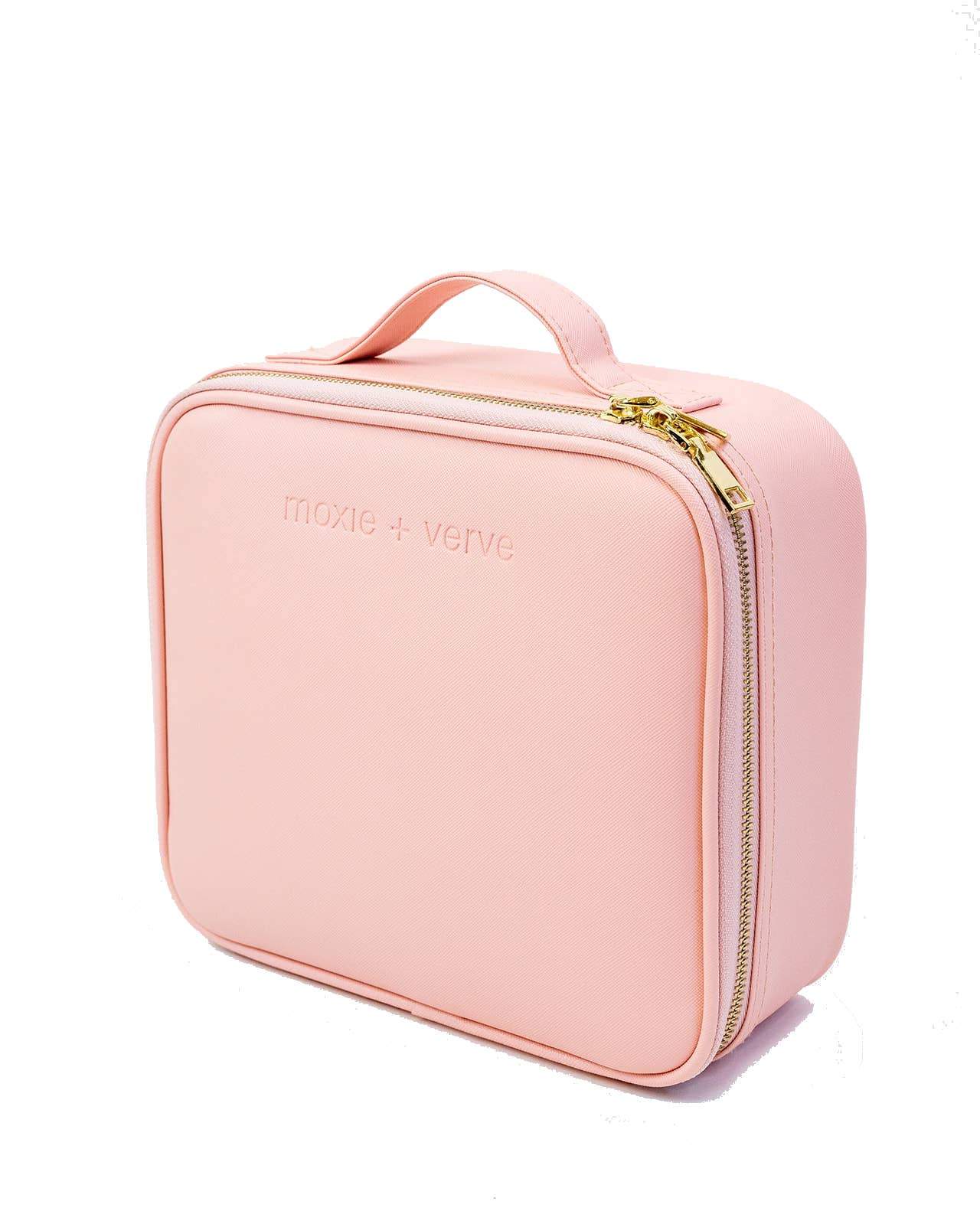 Side View of the Pink On The Go Cosmetic Travel Case on a white background