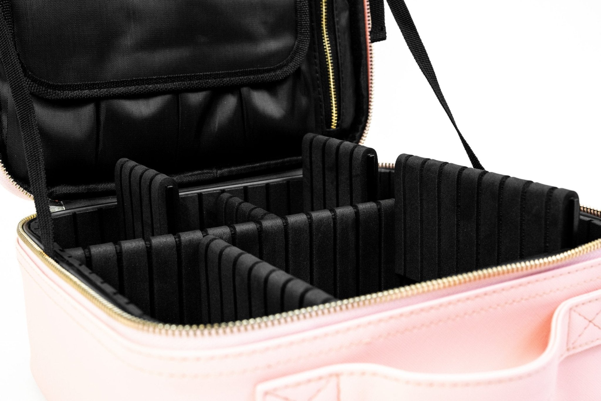 Interior View of the Pink On The Go Cosmetic Travel Case on a white background