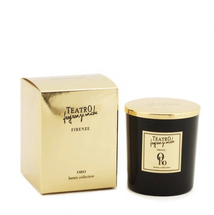 Oro Luxury Florentine Scented black Candle with gold lid and shipping box