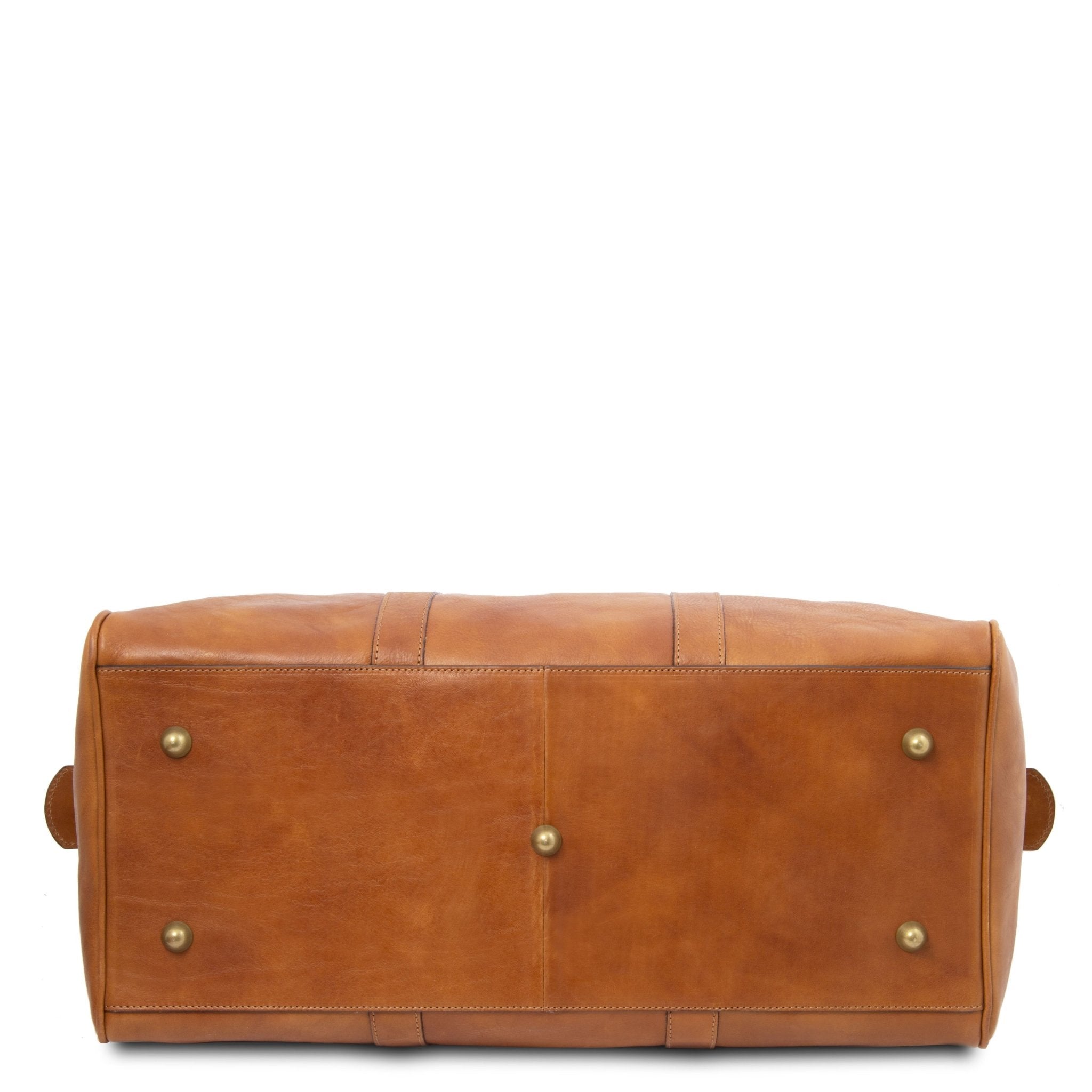 Bottom view Oslo Travel Leather Duffle Bag in Natural showing antique gold protective feets