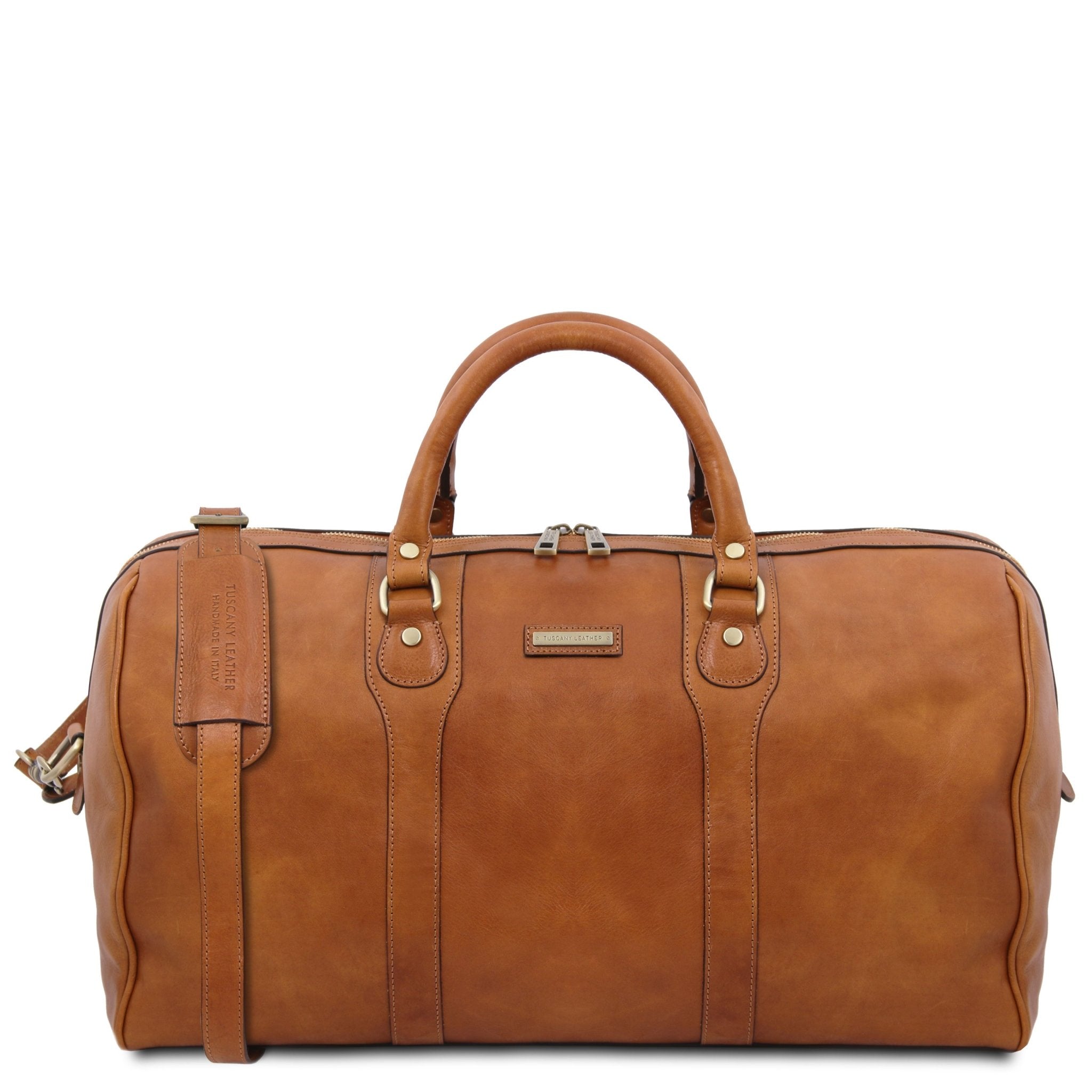 Oslo Travel Leather Weekender Duffle Bag in Natural on a white background showing brushed brass-tone hardware and handle
