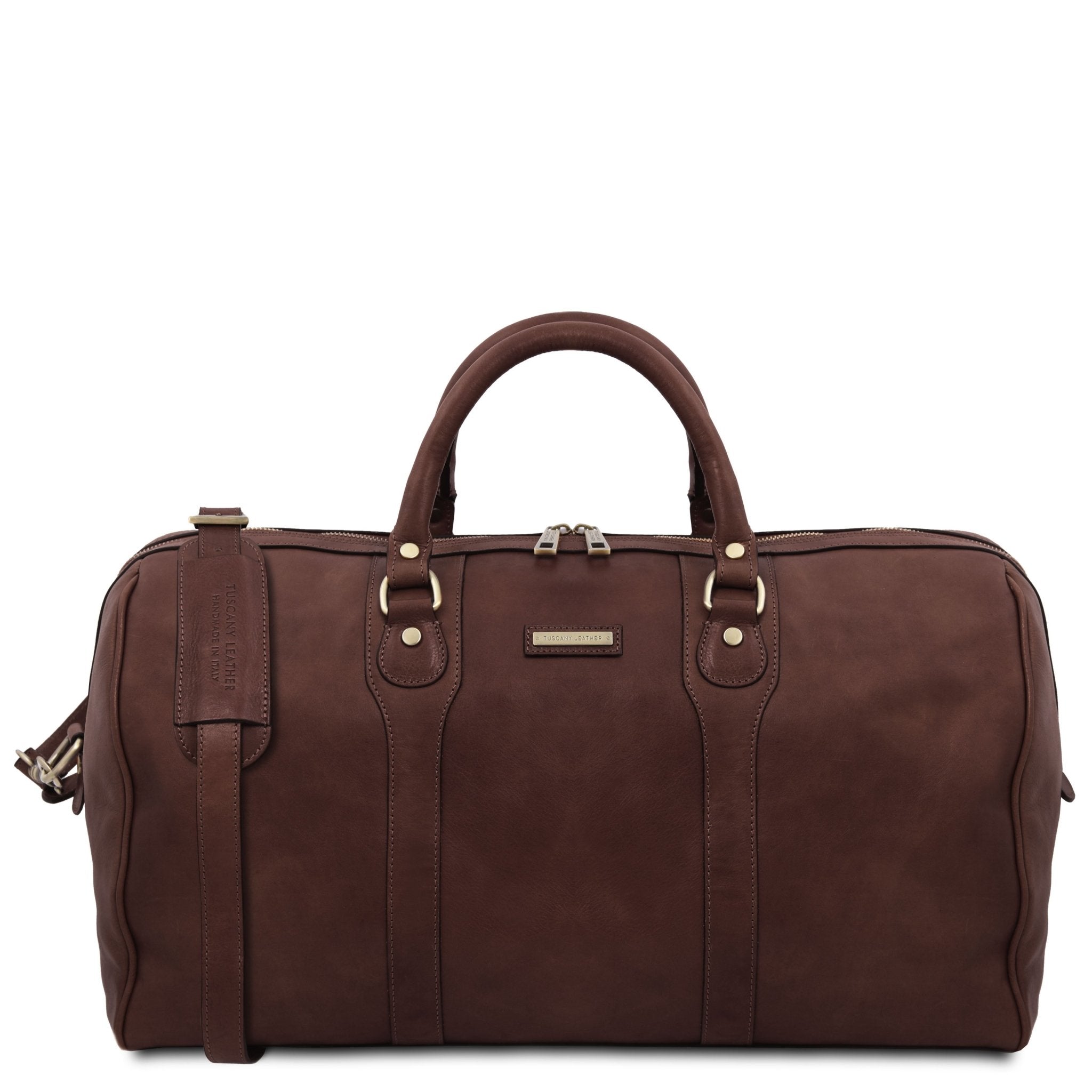 Oslo Travel Leather Weekender Duffle Bag in Dark Brown on a white background showing brushed brass-tone hardware and handle