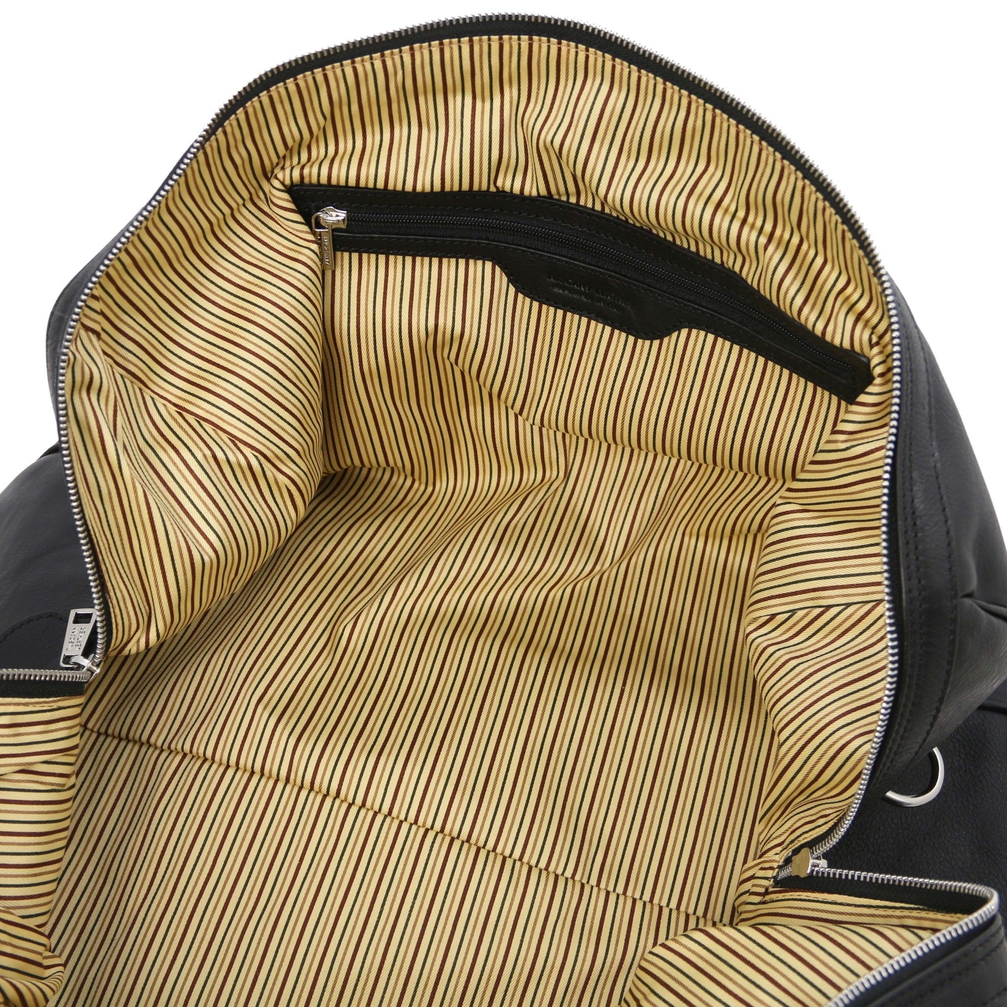 Interior zip pocket view Oslo Travel Leather Weekender Duffle Bag in Black showing vintage striped cotton ticking lining