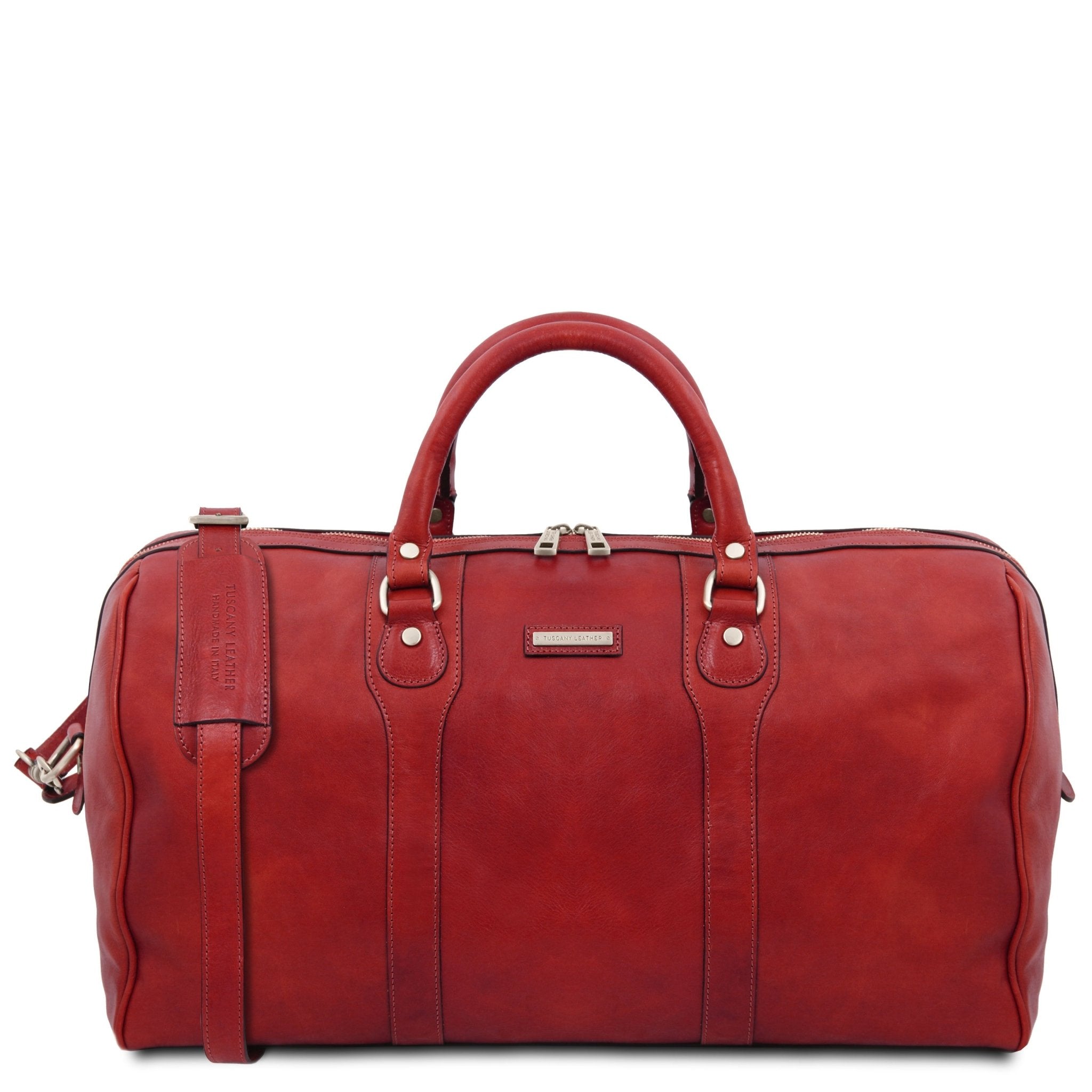Oslo Travel Leather Weekender Duffle Bag in Red on a white background, front view showing silver tone hardware and handle